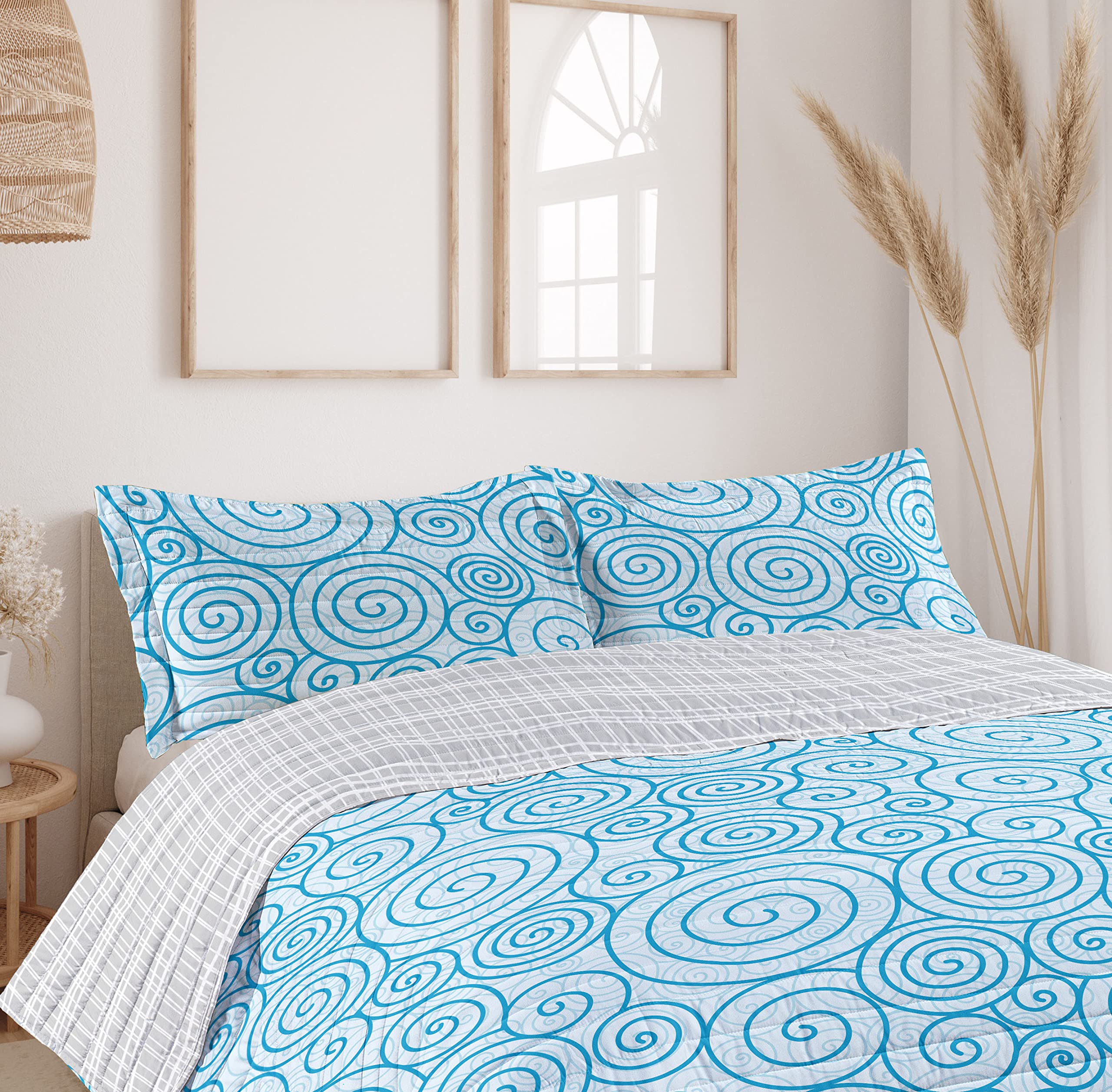 Ambesonne Reversible Queen Size Bedspread Set - Blue and White Abstract Swirls Ocean Design, Microfiber Comforter with Pillow Shams | Modern Coastal Bedroom Decor for Master & Guest Rooms