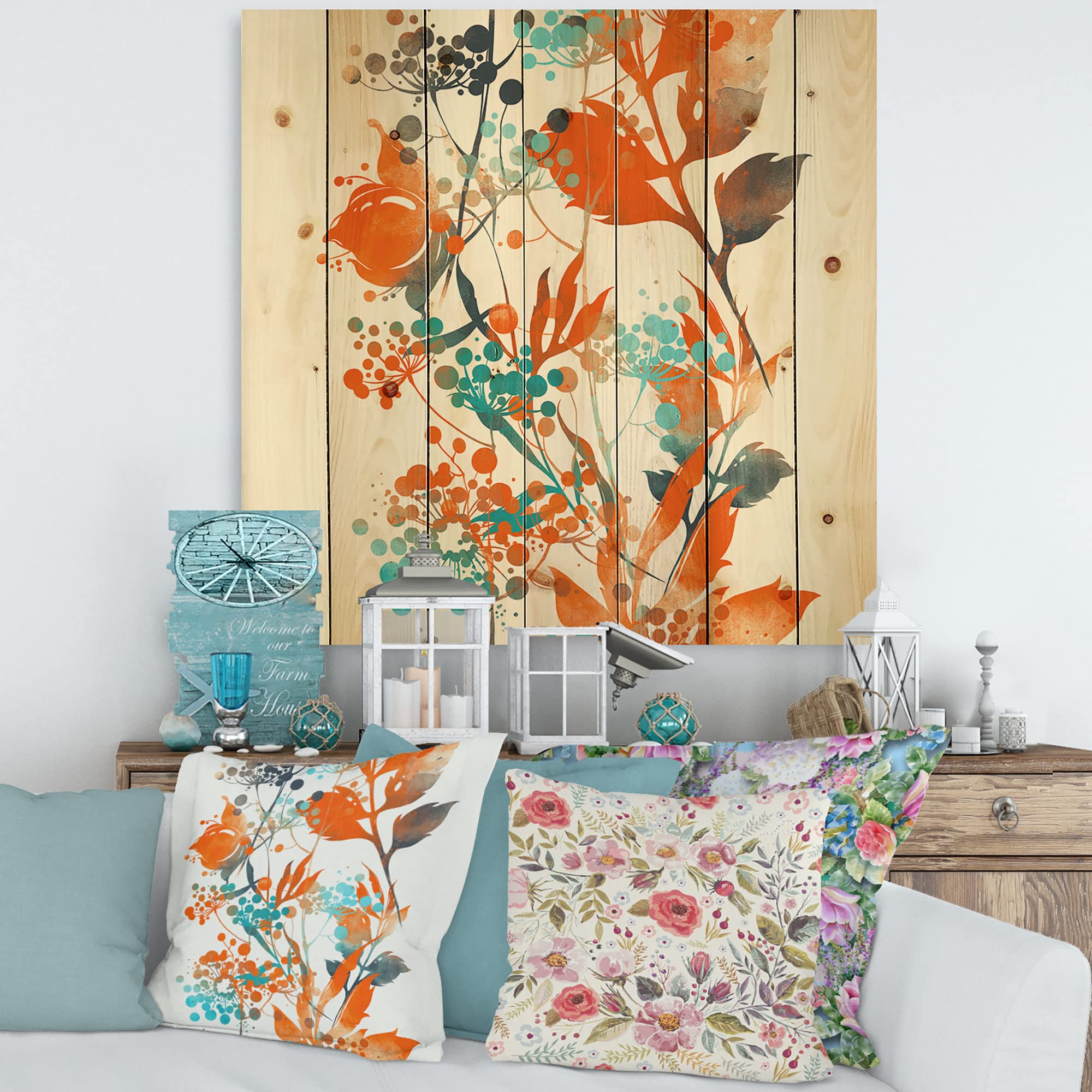 DesignQ Green & Orange Wildflowers III Modern Contemporary Wood Wall Art - Large Floral Pine Wood Panel Decor for Living Room, Bedroom & Office