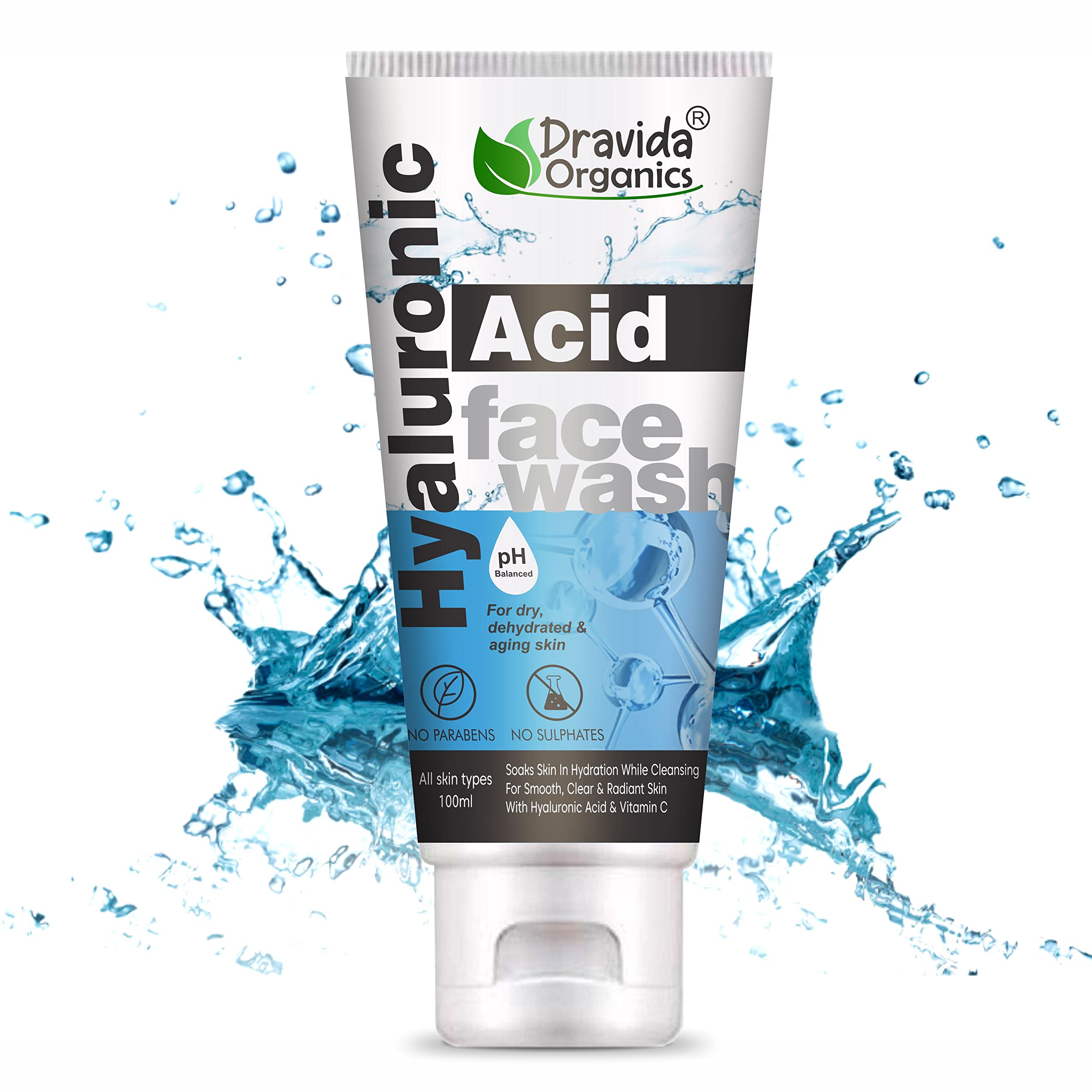 Dravida Organics Hyaluronic Acid Face Wash - Gentle Cleansing for Women & Men, 100ml - Hydrates & Refreshes Skin for Daily Use, Morning & Night Routine