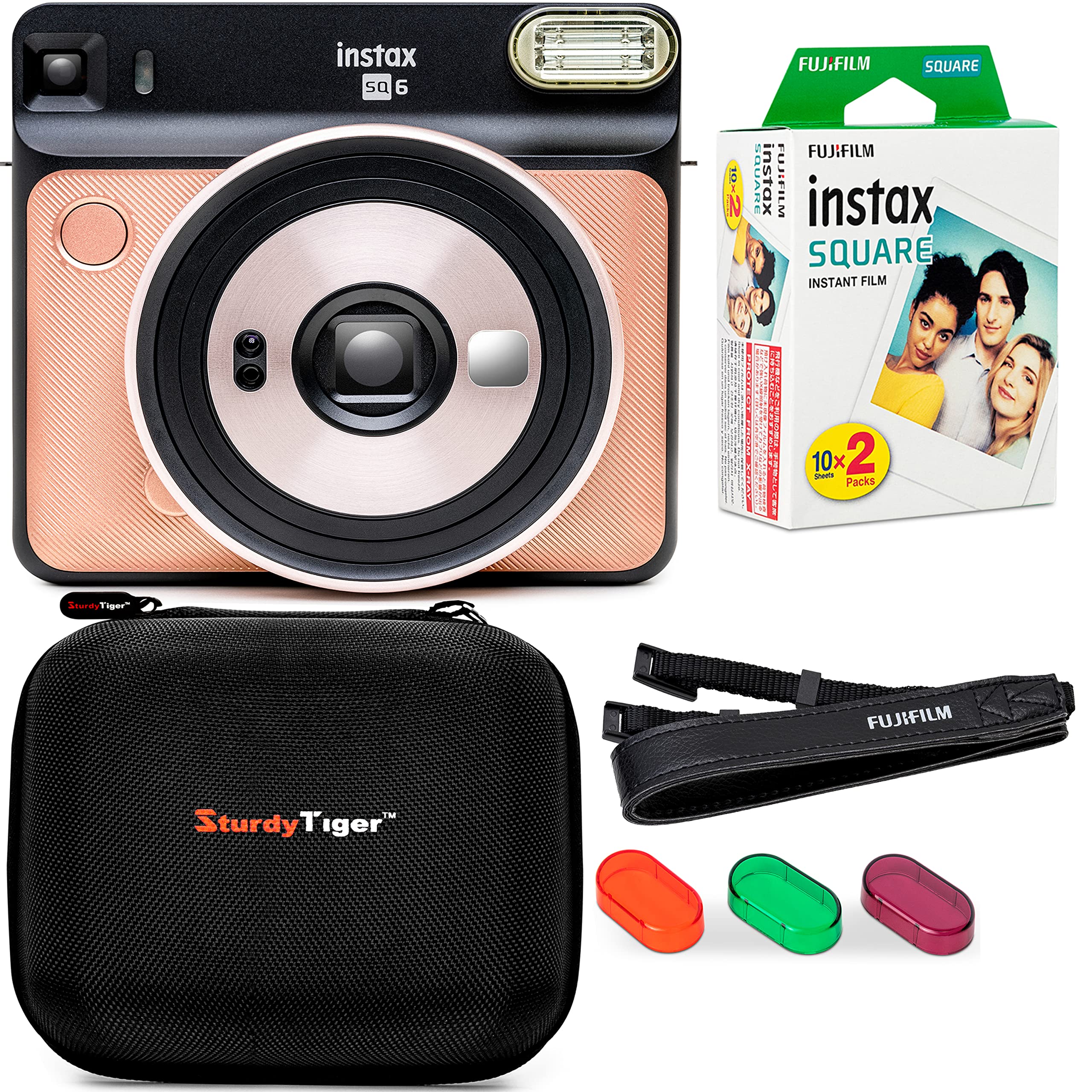 Fujifilm Instax Square SQ6 Instant Camera Bundle with 20 Sheets Square Film, Travel Case, Stickers & Cleaning Cloth (Blush Gold) - Perfect for Travel, Parties & Creative Photography