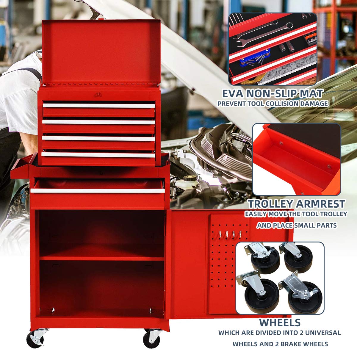 X&T 5-Drawer Rolling Tool Chest Set - Heavy Duty 2-Piece Steel Tool Cabinet Combo with Lockable Drawers & Wheels for Garage, Workshop, Warehouse Organization (Red) | Perfect for Mechanics, DIY Enthusiasts & Professional Tool Storage