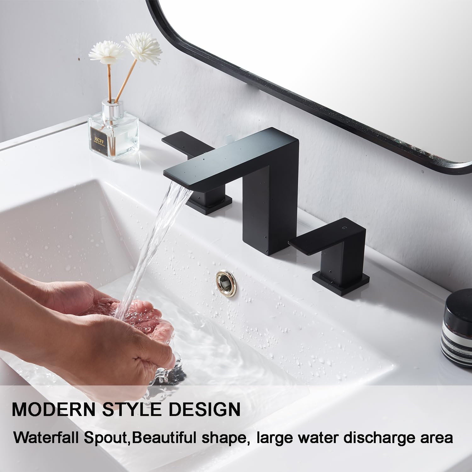 8 Inch Matte Black Widespread Bathroom Faucet - 3 Hole Waterfall Vanity Sink Faucet with Pop-Up Drain & Hoses | Perfect for Bathroom Vanity, RV, and Modern Home Decor