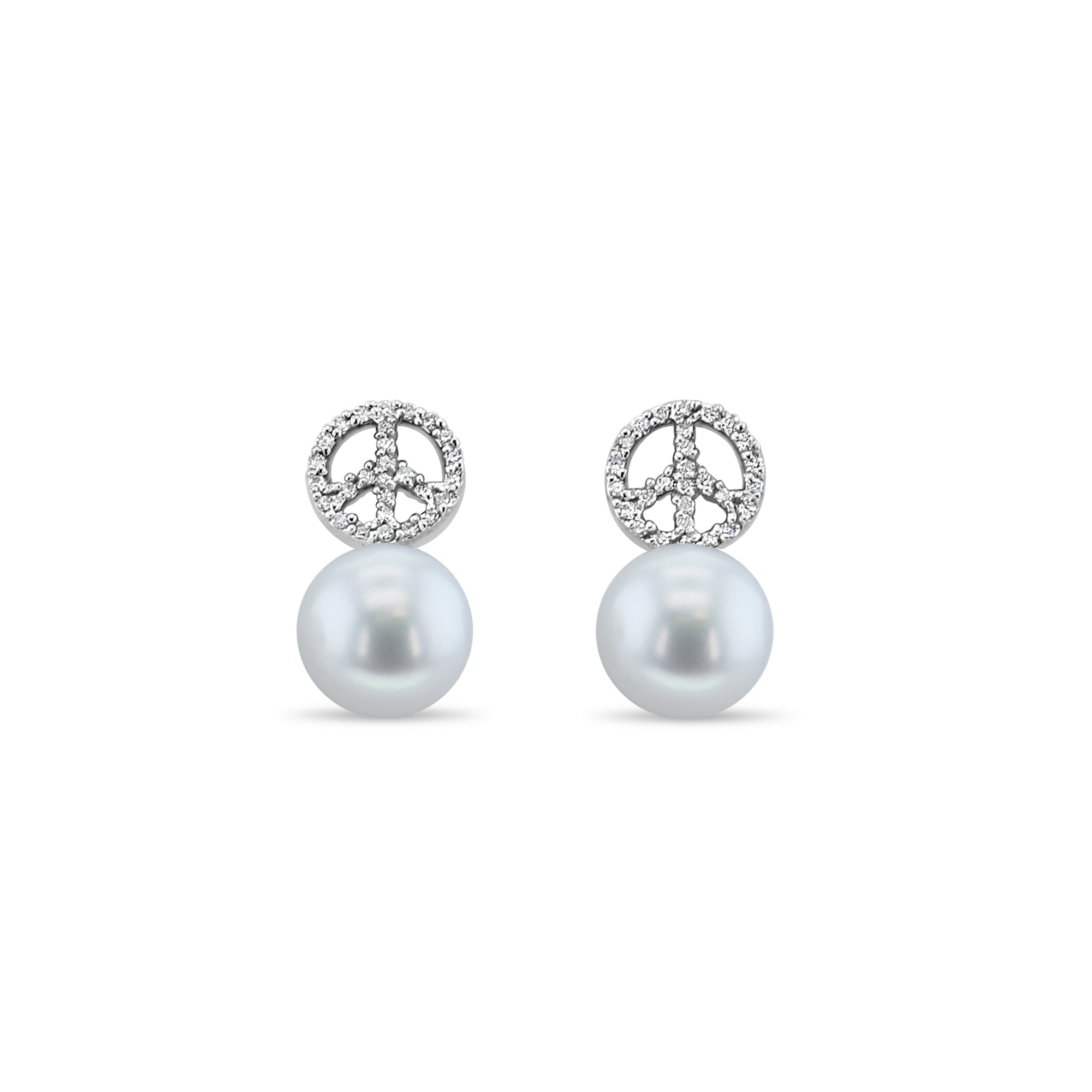 Peace Sign Dangling Pave Diamond & Freshwater Pearl Earrings for Women - Sterling Silver Boho Hippie Jewelry - Perfect for Parties, Weddings & Everyday Wear