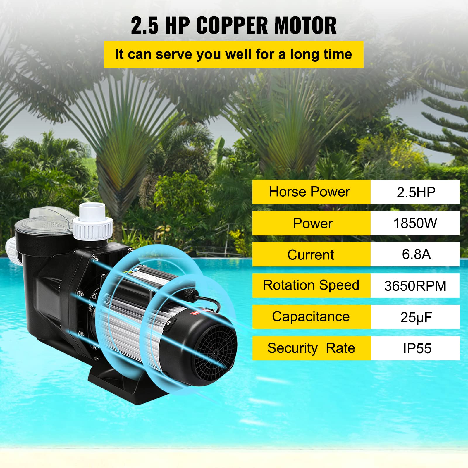 VEVOR 2.5HP Above Ground Pool Pump - Single Speed Swimming Pool Pump 110V with 148GPM High Flow & 1.5