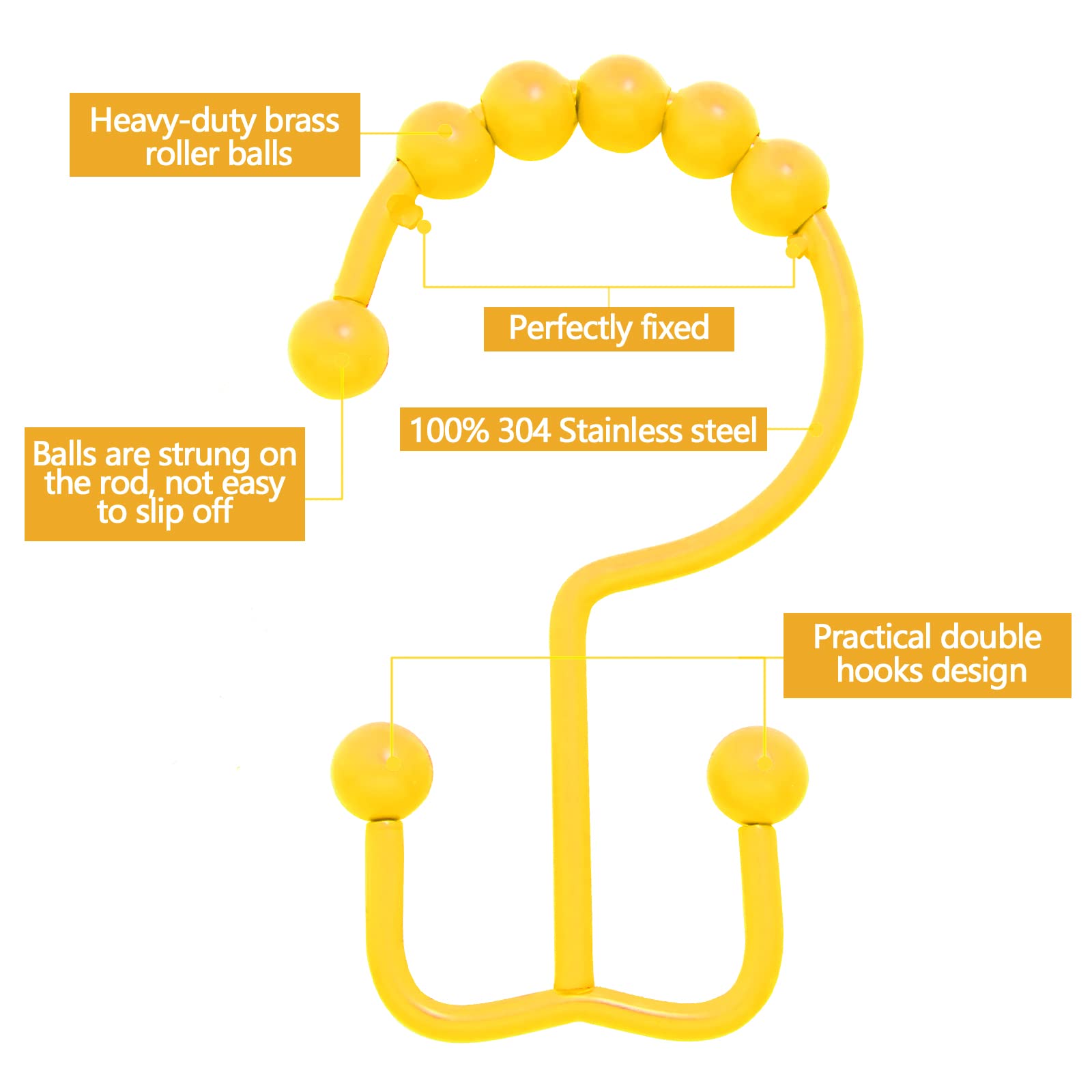 Premium 304 Stainless Steel Shower Curtain Hooks - 12 Pack Yellow Double Glide Bathroom Shower Rings for Smooth Curtain Movement - Durable Rustproof Hooks for Shower Rods & Bath Curtains - Perfect for Bathroom Decor & Easy Curtain Adjustment
