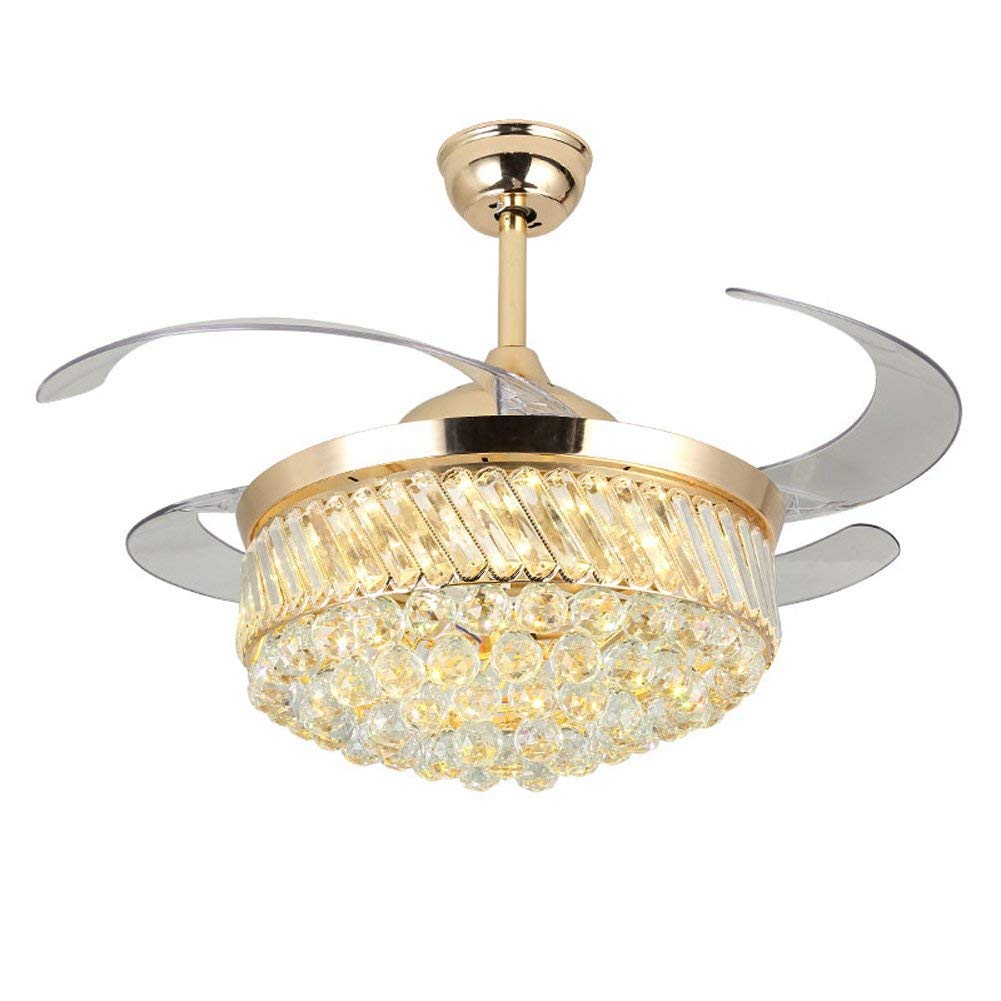 42 Inch Retractable Reversible Ceiling Fan with Remote Control & LED Light - Invisible Chandelier Fan for Living Room, Bedroom - Crystal Ceiling Light Kit (Gold) | Perfect for Home Cooling & Stylish Interior Decor