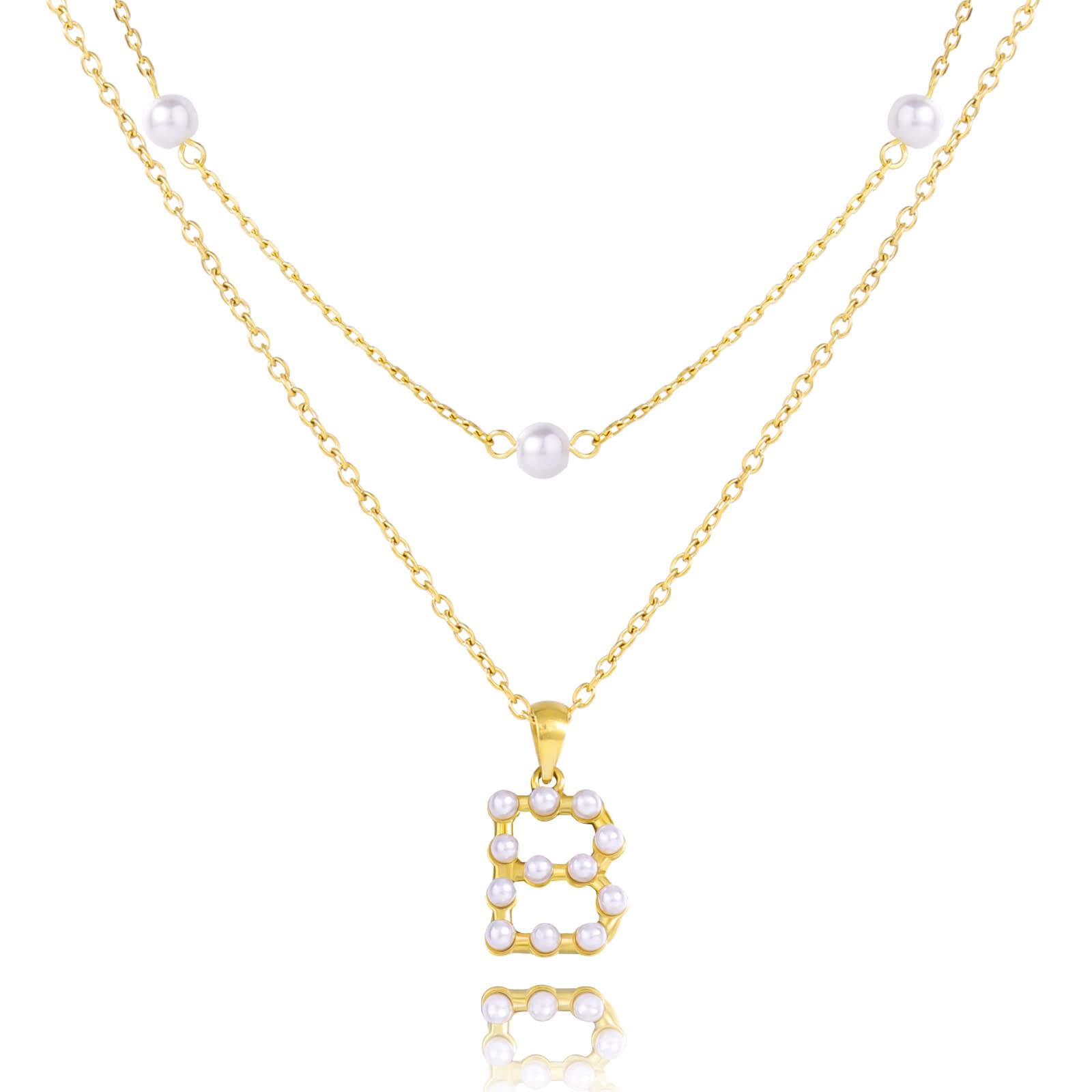 14K Gold Pearl Initial Necklace for Women & Girls - Trendy Dainty Letter Pendant Jewelry Gift for Teens - Elegant Layered Link Chain Necklace - Perfect for Birthdays, Anniversaries & Everyday Wear