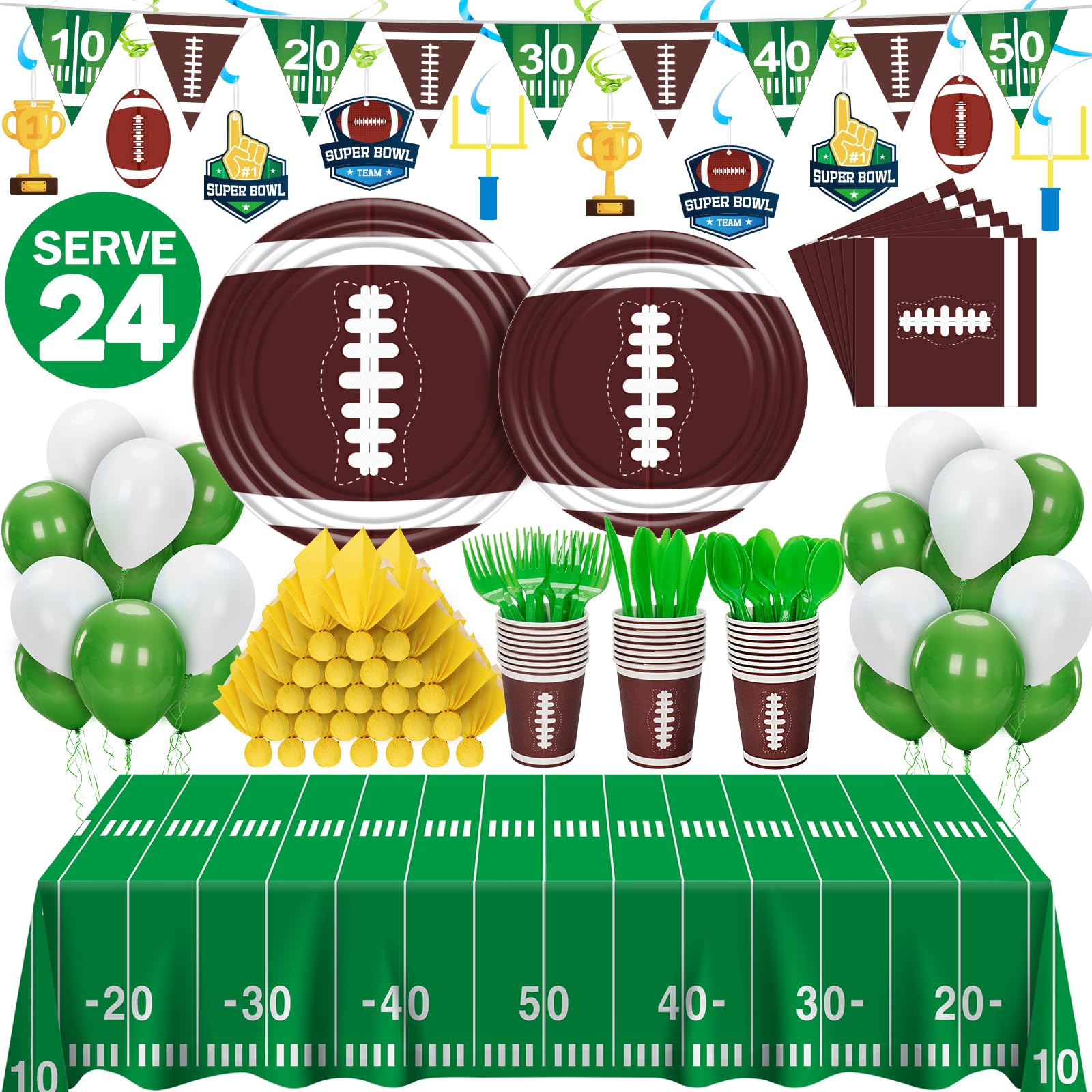 183 Pcs Super Bowl Party Decorations Kit 2025 - Football Party Supplies for 24 Guests, Includes Tablecloth, Plates, Cups & Banner - Perfect for Super Bowl Parties, Football Birthday Celebrations & Tailgating Events