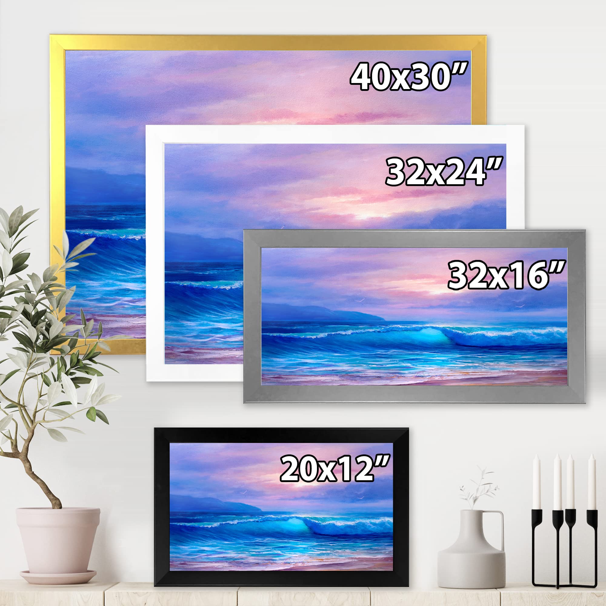 Golden Sunset Over The Sea Beach Coastal Framed Wall Art - Nautical Home Decor for Living Room, Bedroom & Office