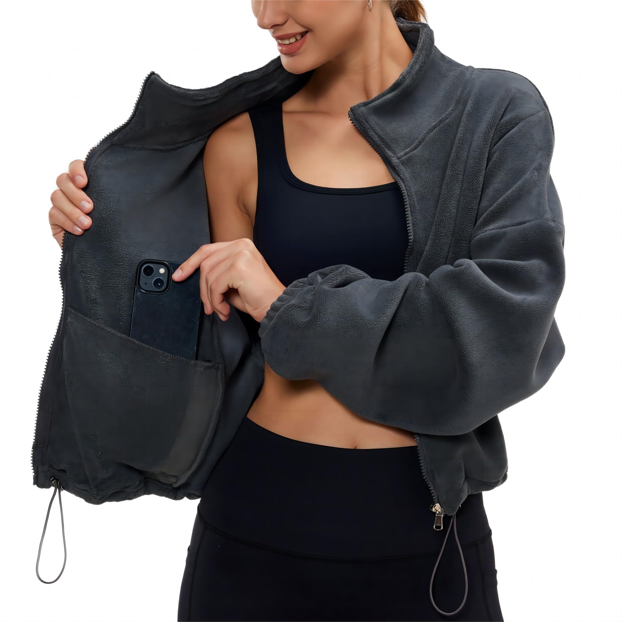 Women's Winter Fleece Sherpa Cropped Bomber Jacket - Oversized Cozy Sweatshirt for Cold Weather - Perfect for Casual Outfits, Streetwear & Outdoor Activities
