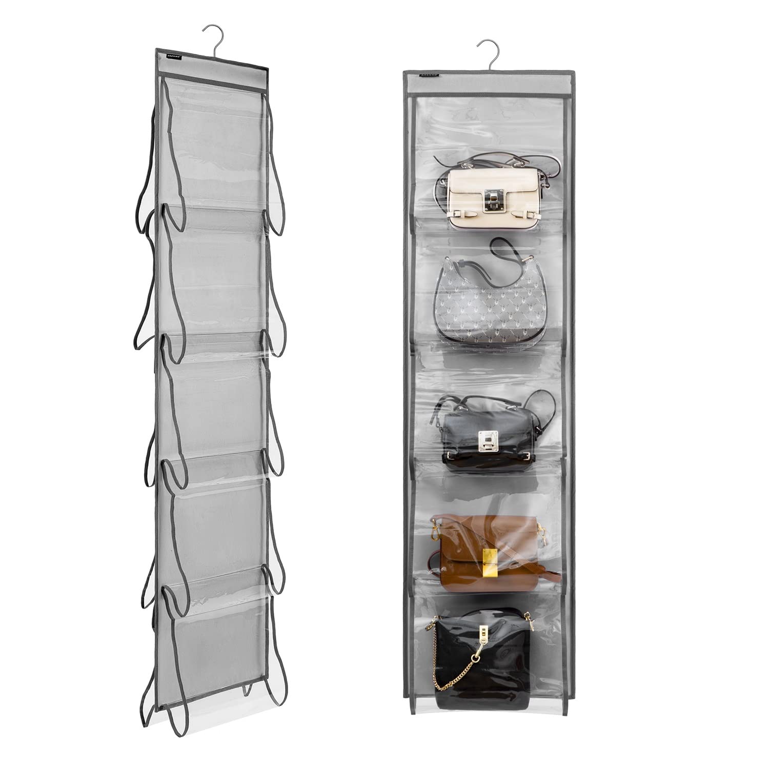 Dual-Sided Hanging Organizer with 10 Large Pockets - Space-Saving Closet Storage for Handbags, Shoes, Towels, Scarves & Clothes (Grey) - Perfect for Bedroom, Closet & Dorm Organization