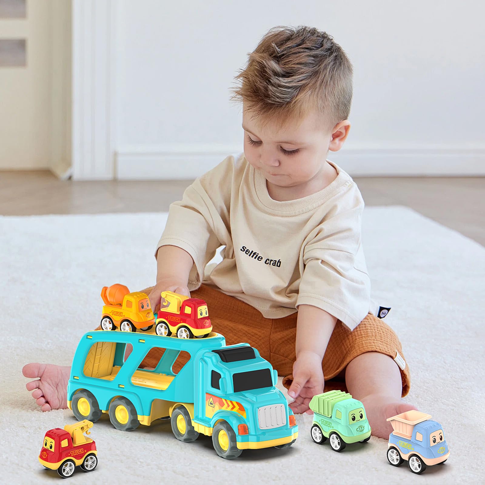 5-in-1 Construction Truck Toys for Toddlers & Kids Ages 3-7 | Carrier Transport City Vehicles Set | Educational STEM Toys for Boys & Girls | Perfect Birthday Gift for 3+ Year Olds | Great for Pretend Play, Sandbox Fun & Learning Construction Vehicles