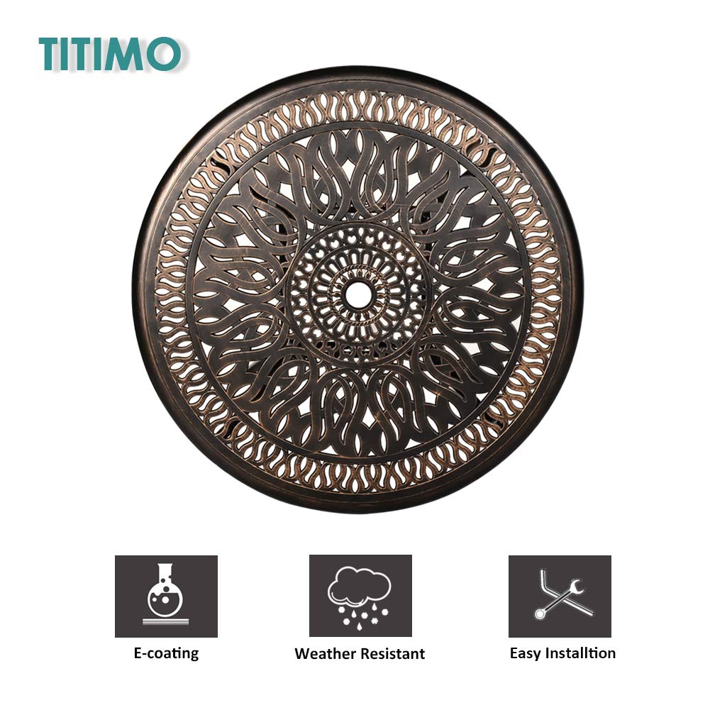 TITIMO 3-Piece All-Weather Outdoor Dining Set - Cast Aluminum Round Table & Chairs with Cushions & Umbrella Hole - Patio, Garden, Deck Furniture for Backyard, Poolside & Outdoor Entertaining (Red)