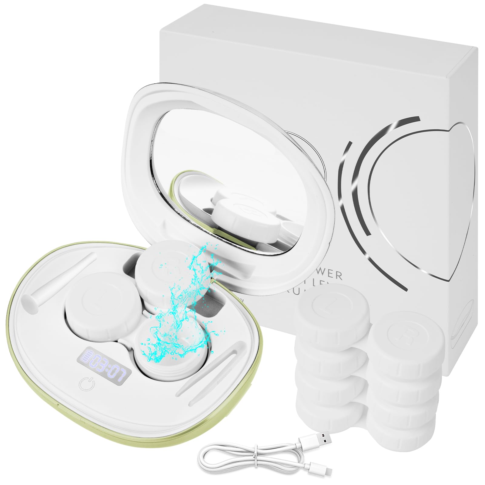 MV7 Ultrasonic Contact Lens Cleaner Machine with Timer Display, Large Mirror & USB Charger - Gentle Cleaning for Soft & Colored Lenses | Perfect for Travel, Home & Daily Lens Care