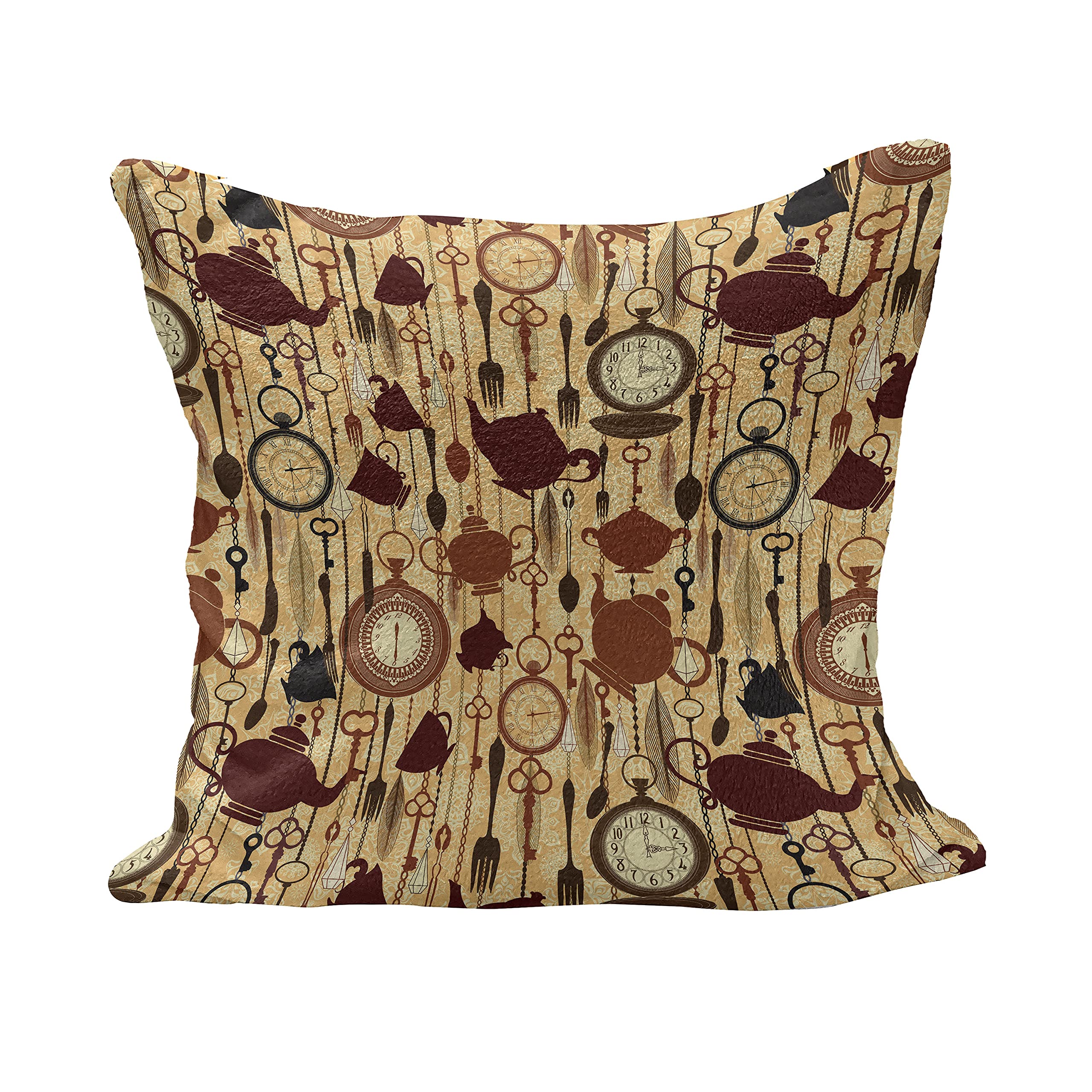 Ambesonne Victorian Style Tea Party Fluffy Throw Pillow Cover 24x24 Inch - Brown Redwood Teacup & Silverware Print Decorative Square Cushion Case for Living Room, Bedroom & Sofa Decor