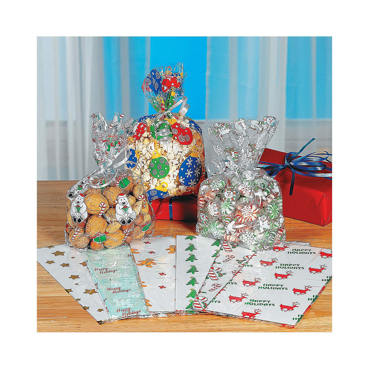 Fun Express Holiday Cello Bags Assortment - 108 Pieces (1 Unit = 9 Dozen) - Christmas Party Supplies, Cellophane Gift Bags for Holiday Treats, Candy, Cookies & Small Gifts - Perfect for Christmas Parties, School Events & Office Celebrations