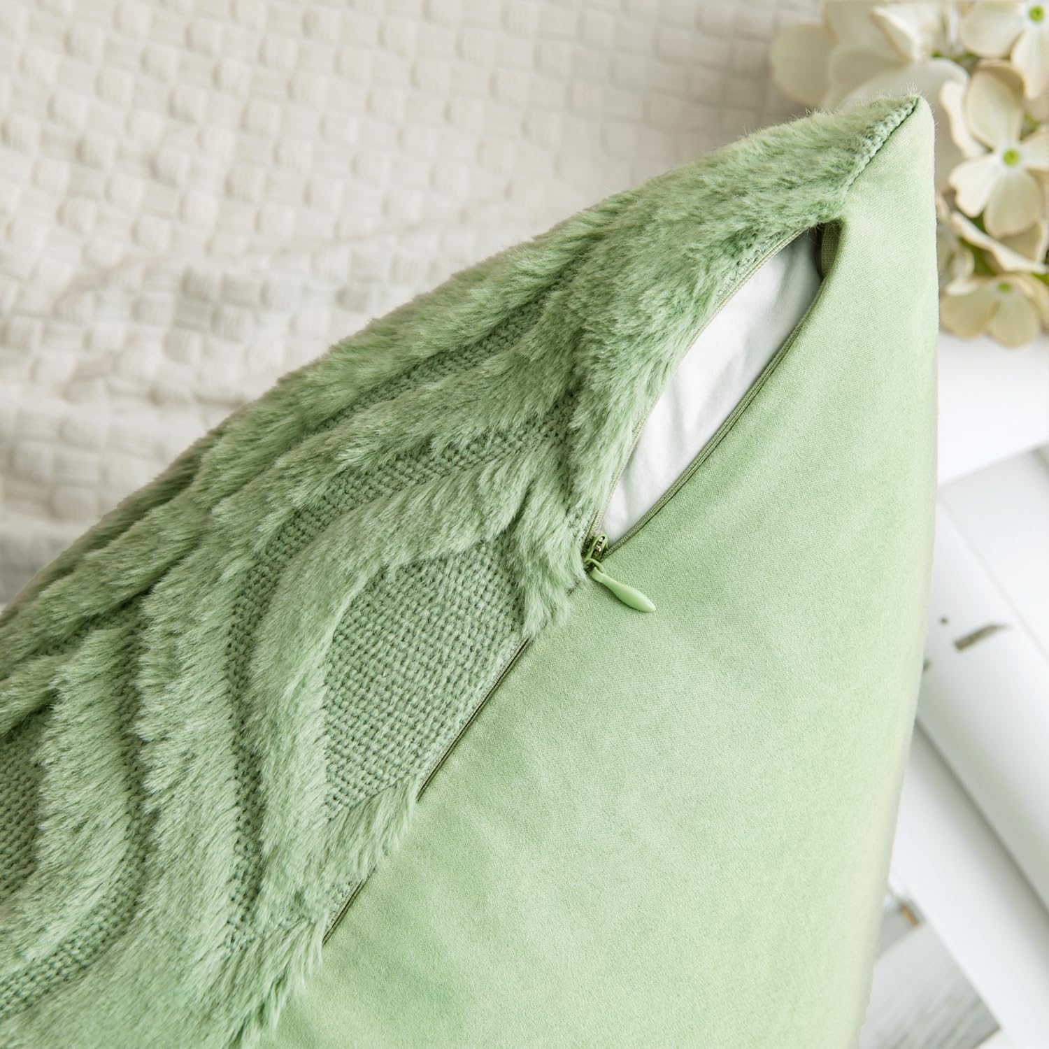 MIULEE Sage Green Throw Pillow Covers 18x18 Inch - Soft Plush Faux Wool Decorative Pillow Covers Set of 2 for Couch, Sofa, Living Room & Bedroom - Farmhouse Boho Home Decor for Cozy Comfort