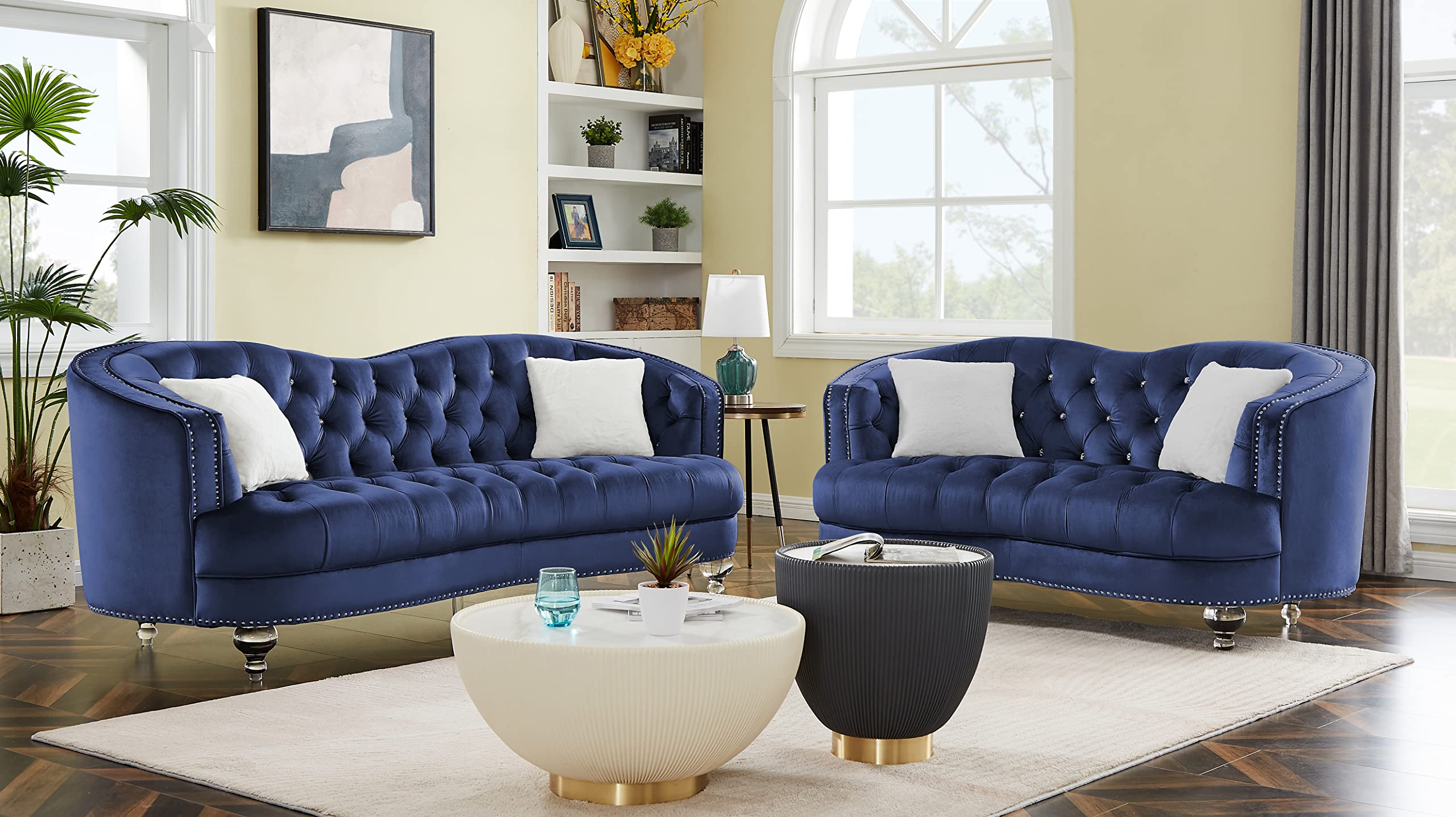 Luxury Velvet Tufted 3-Piece Victorian Sofa Set - Blue Velvet Upholstered Couch & Loveseat with Diamond Button Tufts, Nailhead Trim & Crystal Legs for Elegant Living Room, Parlor or Lounge Decor