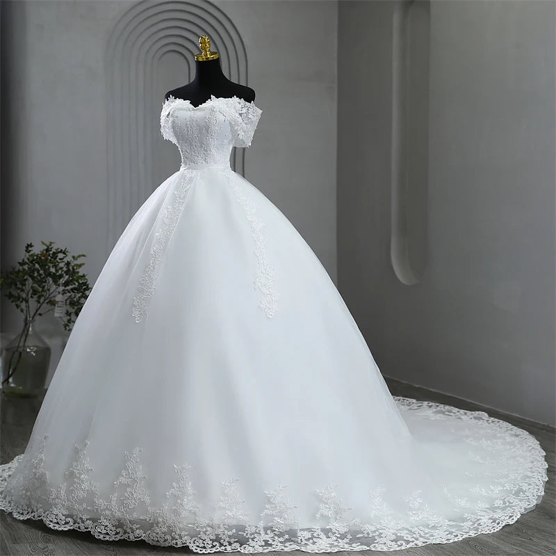 Elegant Plus Size Off Shoulder Wedding Dress with Appliques and Pearls - Perfect for Brides, Beach Weddings & Formal Occasions