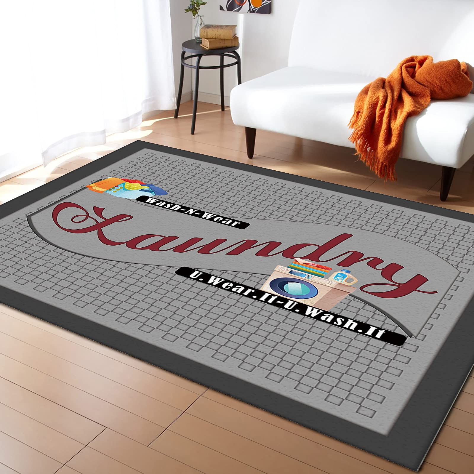 Non-Slip Fluffy Shaggy Area Rug 4'x6' - Retro Gray Grid Design for Laundry Room, Living Room, Bedroom & Kids Room | Soft Indoor Accent Carpet with Washable Backdrop | Perfect for Home Decor, Cozy Spaces & Photo Backdrops