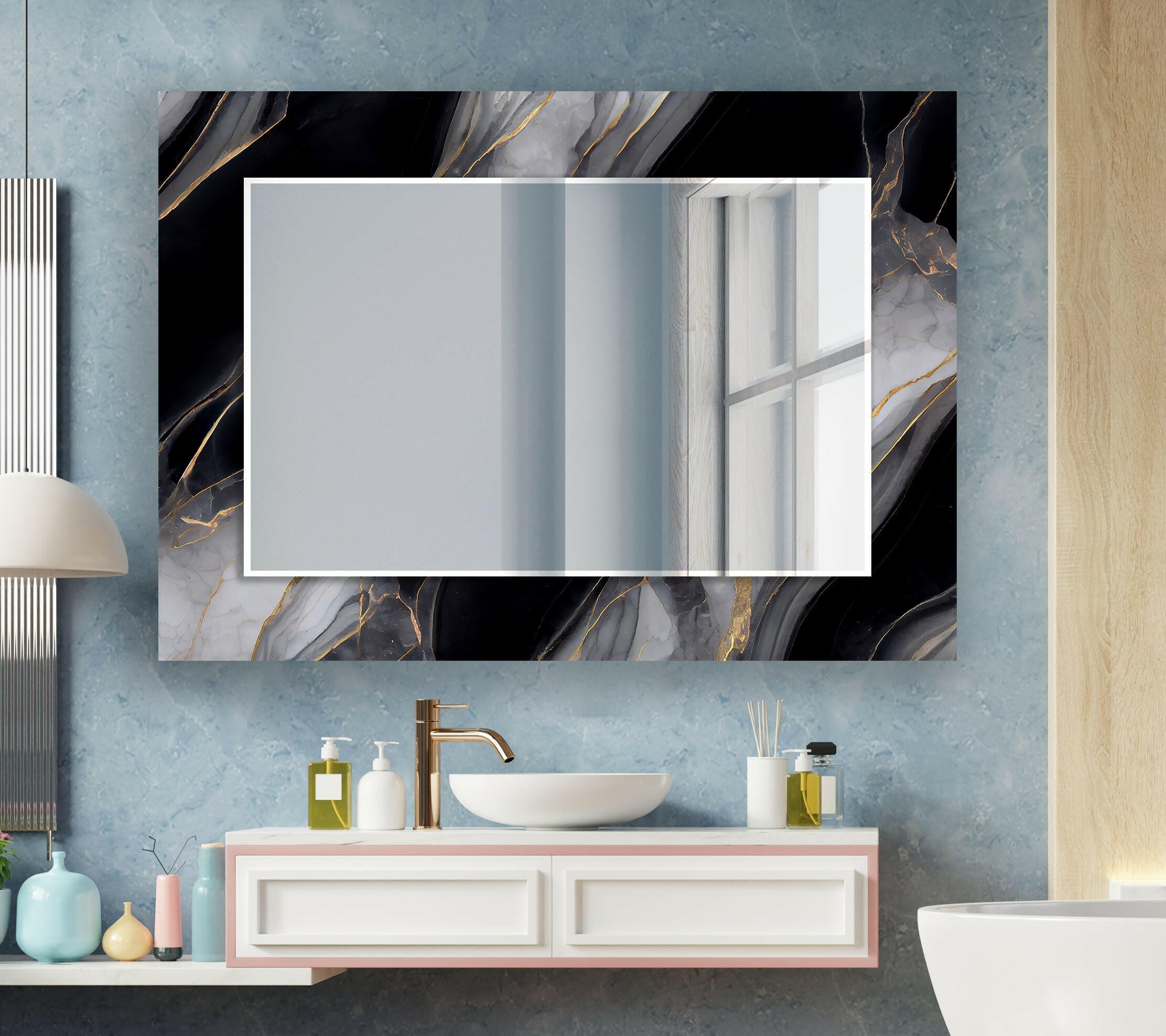 Stylish Black and Gray Marble Wall Mirror - Modern Home Decor for Living Room, Bedroom & Bathroom | Elegant Full-Length Mirror with Durable Frame for Vanity, Entryway & Dressing Area