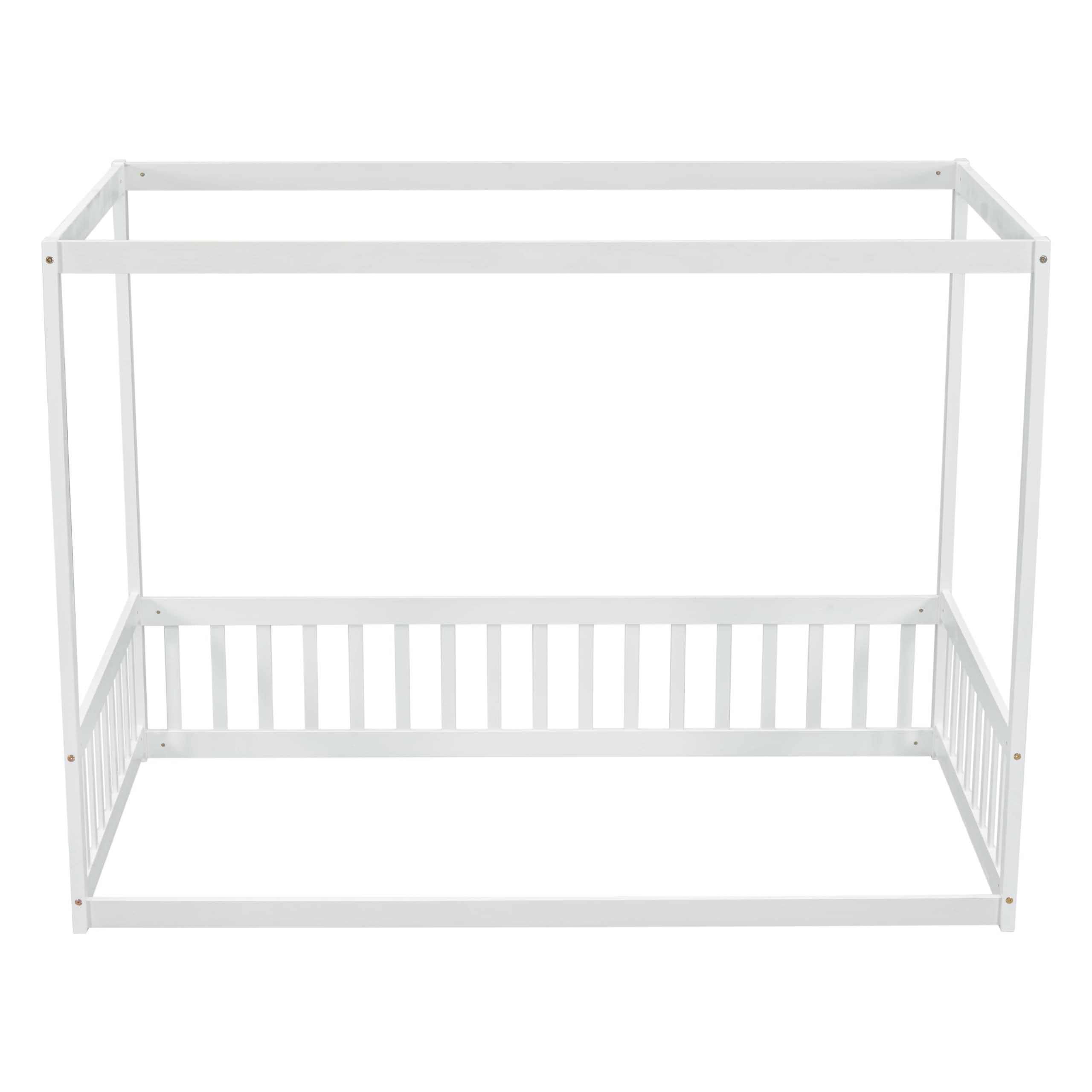 Twin Size Canopy Bed Frame with Guardrails for Kids - Wooden Four Poster Montessori Floor Bed for Girls & Boys (White) - Perfect for Bedrooms, Playrooms & Montessori Learning Spaces