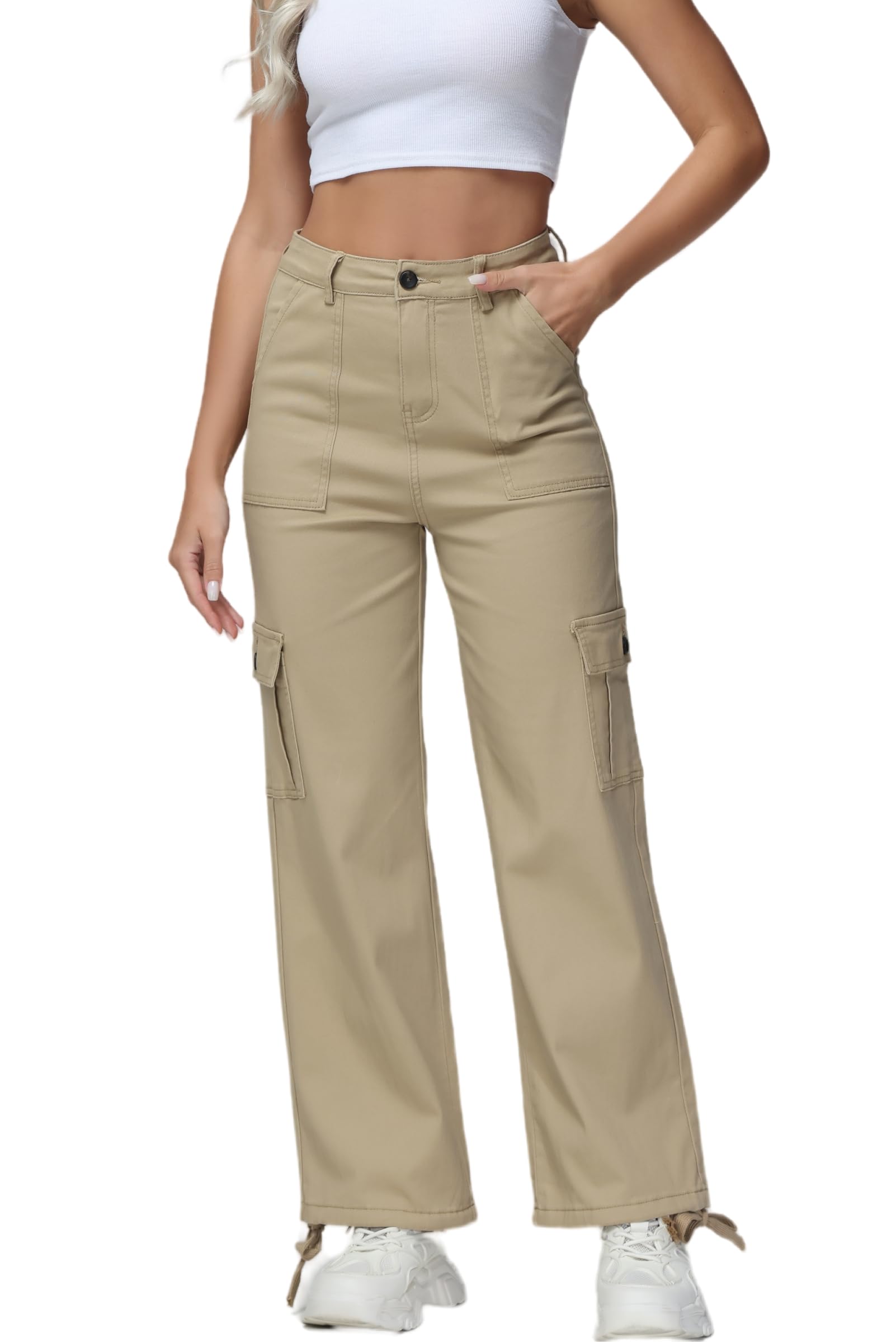 GUNLIRE Women's High Waist Cargo Pants - Baggy Y2K Streetwear with 6 Pockets, Wide Leg Stretch Straight Fit Elastic Slacks | Casual Outfits, Urban Fashion, Workwear