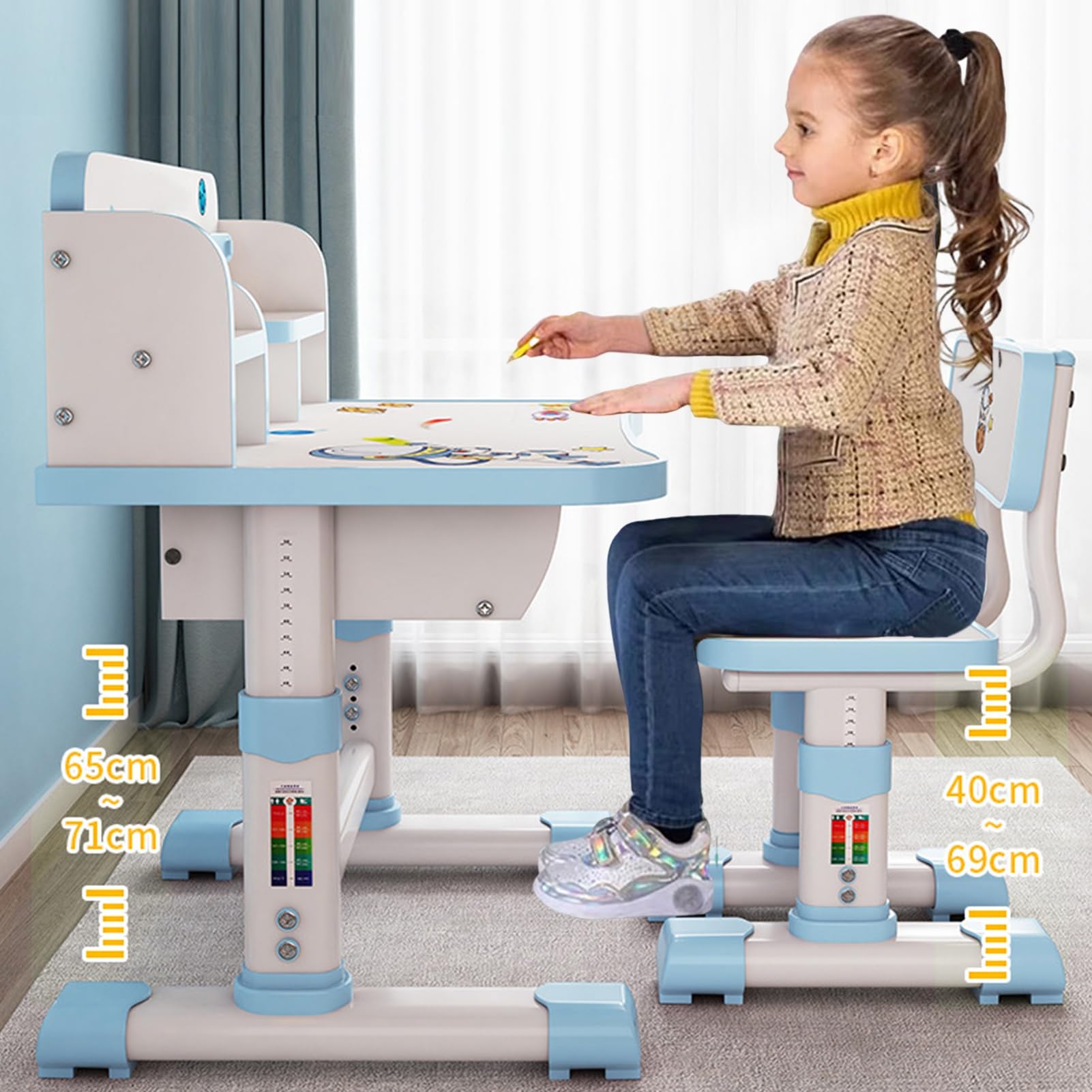Adjustable Kids Study Desk and Chair Set with Cartoon Design - Ergonomic Children's Writing Table with Bookshelf & Storage, Perfect for Homeschooling & Online Learning