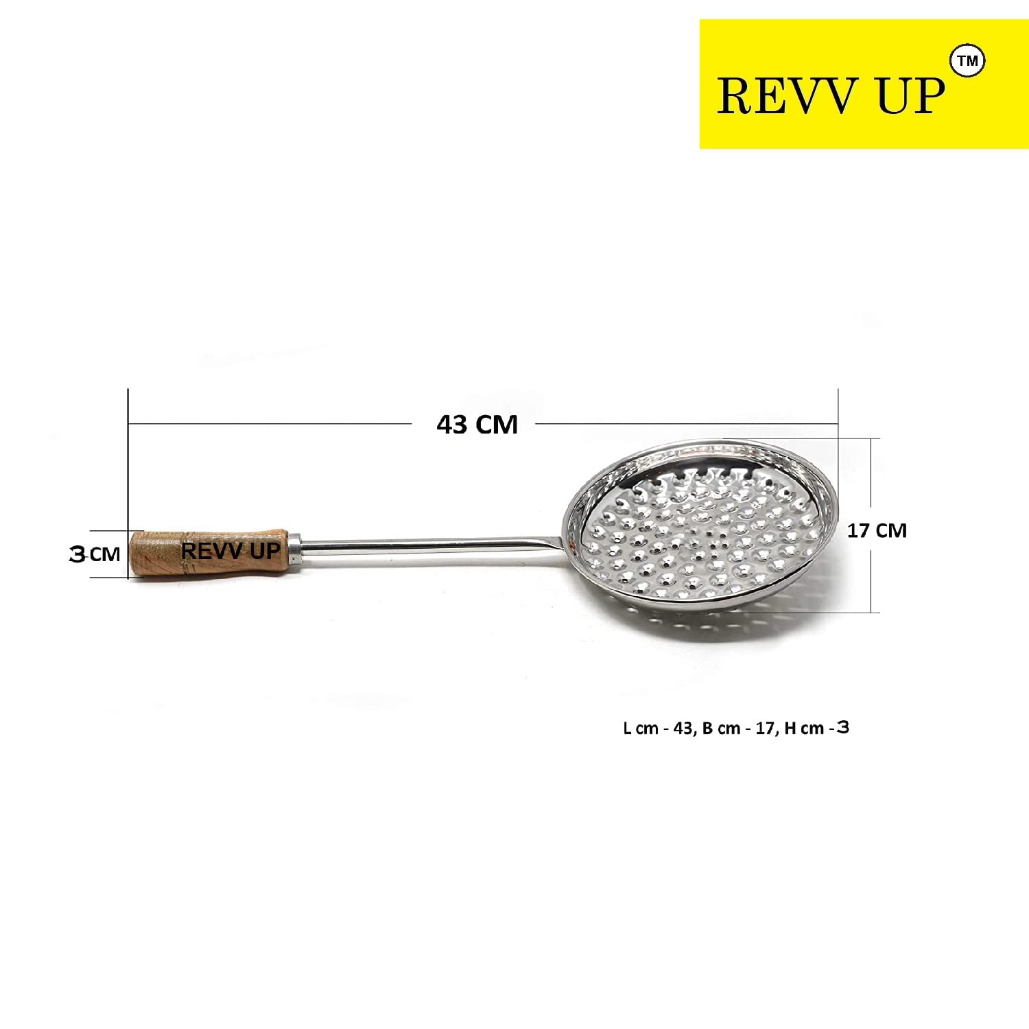 REVV UP Boondi Jhara with Wooden Handle - 6.5 Inch Stainless Steel Boondi Maker & Big Jalli Karandi - High Durability for Indian Snack Making - Perfect for Ghee Boondi, Rava Laddu & Diwali Sweets Preparation