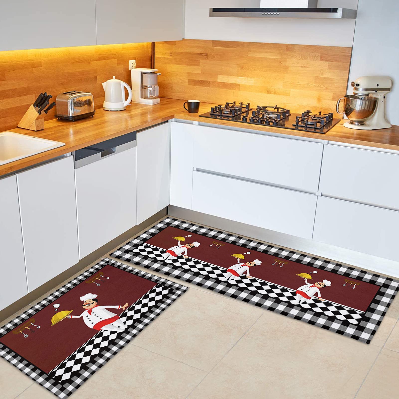 Non-Slip Anti-Fatigue Kitchen Mats Set of 2 - Cartoon Chef Design Cushioned Floor Rugs for Standing Comfort, Absorbent Plush Doormats for Bedroom & Bathroom - Perfect for Kitchens, Offices, and High-Traffic Areas