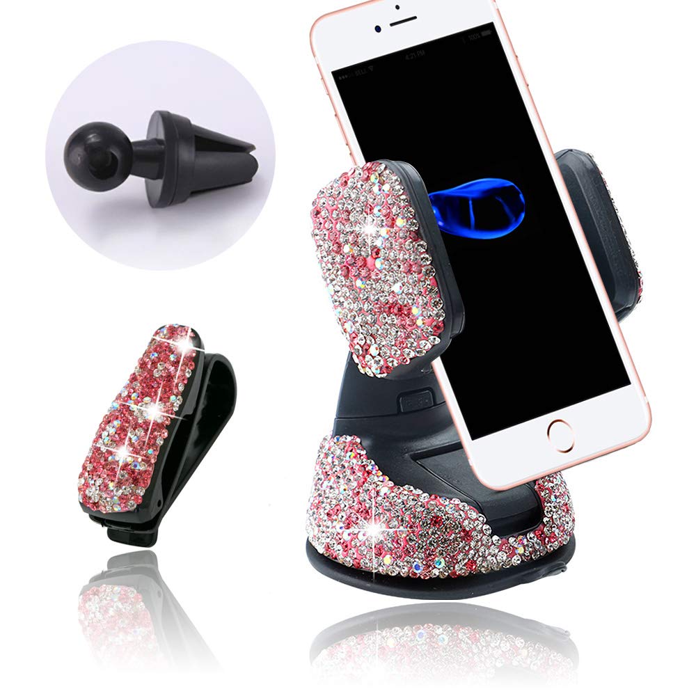 Sparkling Crystal Car Phone Holder Mount - 360° Adjustable Dashboard & Windshield Car Accessory for Women (Pink) | Perfect for Safe Driving & Stylish Commuting