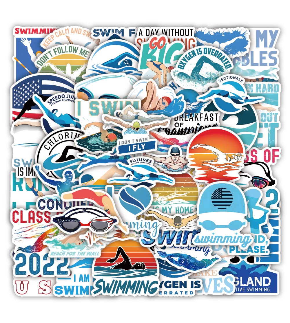 50 Pcs Waterproof Swimming Stickers - Vinyl Aesthetic Decals for Swimmers | Durable Sport Stickers for Water Bottles, Laptops, Suitcases, Skateboards & Cars | Perfect Gift for Kids, Teens & Adult Swimmers | Great for Pool Parties, Swim Meets & Summer Activities