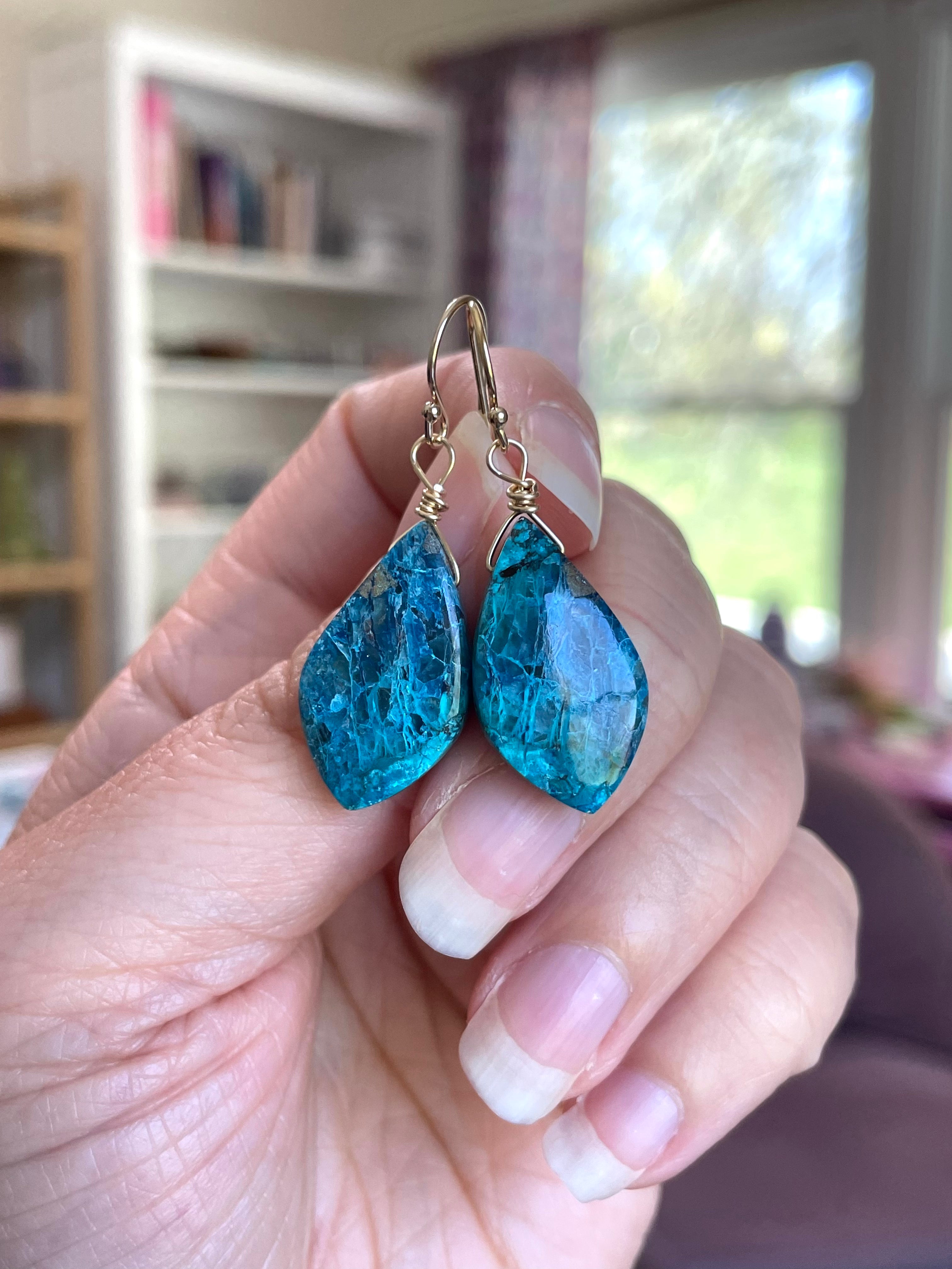 Shattuckite Earrings - 14K Gold Filled Gemstone Jewelry for Women | Healing Crystal Dangle Earrings for Meditation, Yoga & Spiritual Gifts