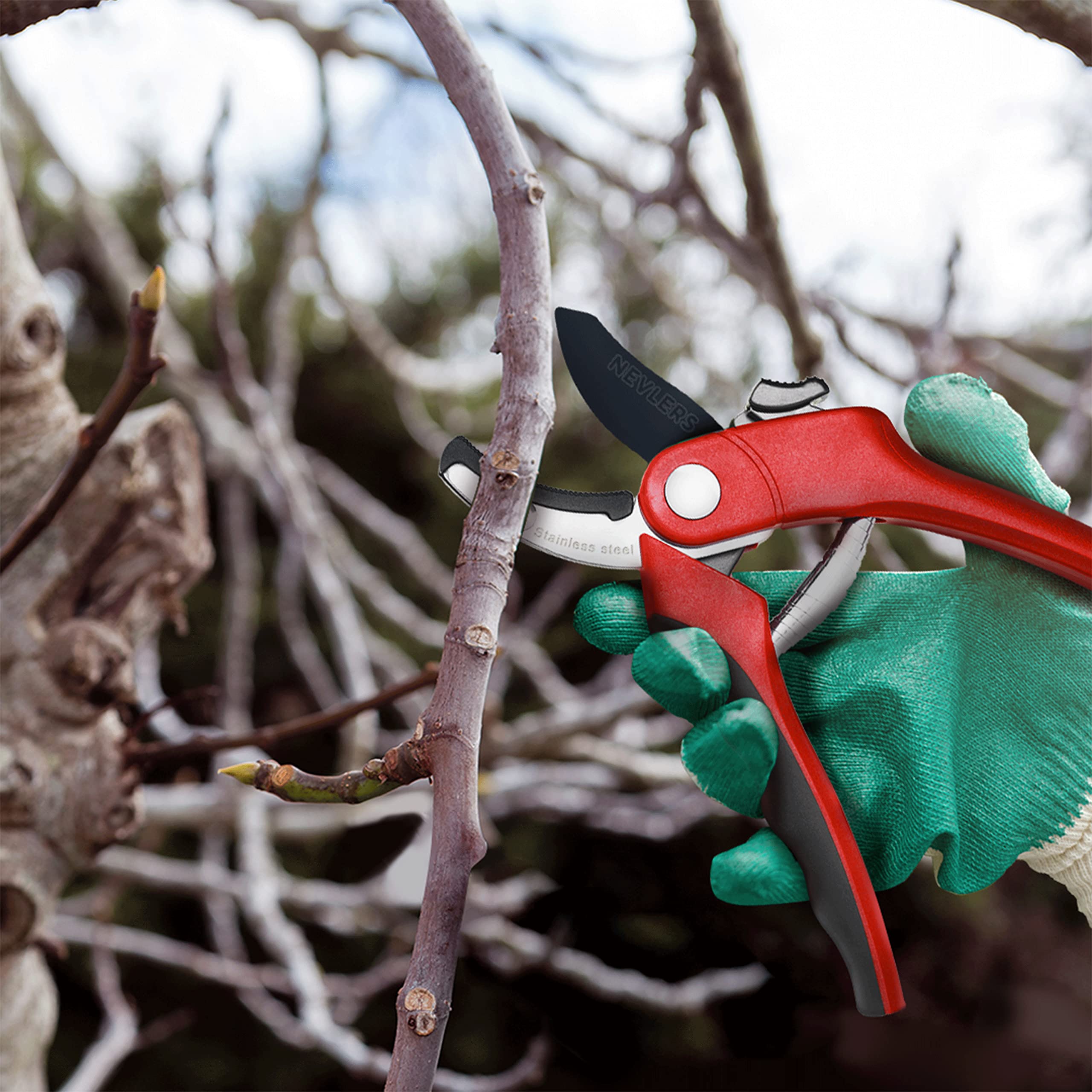 Nevlers 8 Inch Red Anvil Pruning Shears - Stainless Steel Garden Shears with 8mm Cut Capacity | Ergonomic Hand Pruners for Trimming Branches, Shrubs & Plants | Perfect for Gardening, Landscaping & Outdoor Use