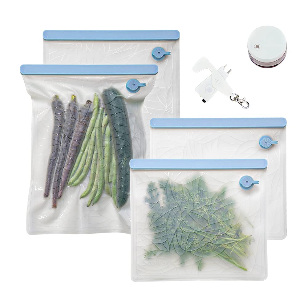 SealVax Handheld Vacuum Sealer Bags for Food Storage - 4-Pack BPA Free, Leakproof & Reusable Vacuum Seal Bags | Perfect for Sous Vide Cooking, Meal Prep, Freezing, Marinating | Keep Fruits, Vegetables, Sandwiches & Snacks Fresh Longer
