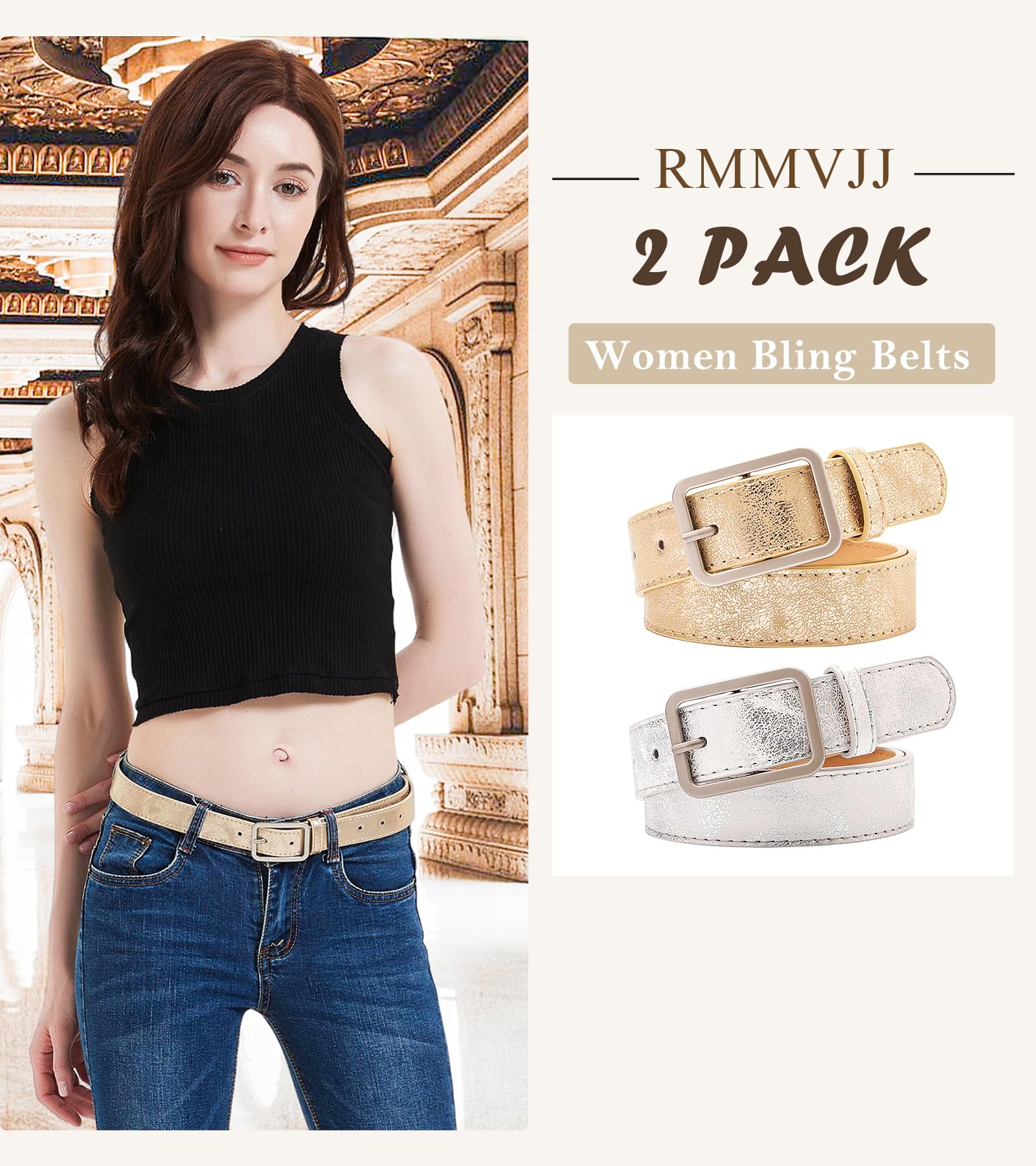 Stylish Women's Bling Belts - Shiny Gold & Silver Leather Belts for Club, Party, Jeans, Pants & Dresses | Perfect for Night Out, Date Night & Special Occasions