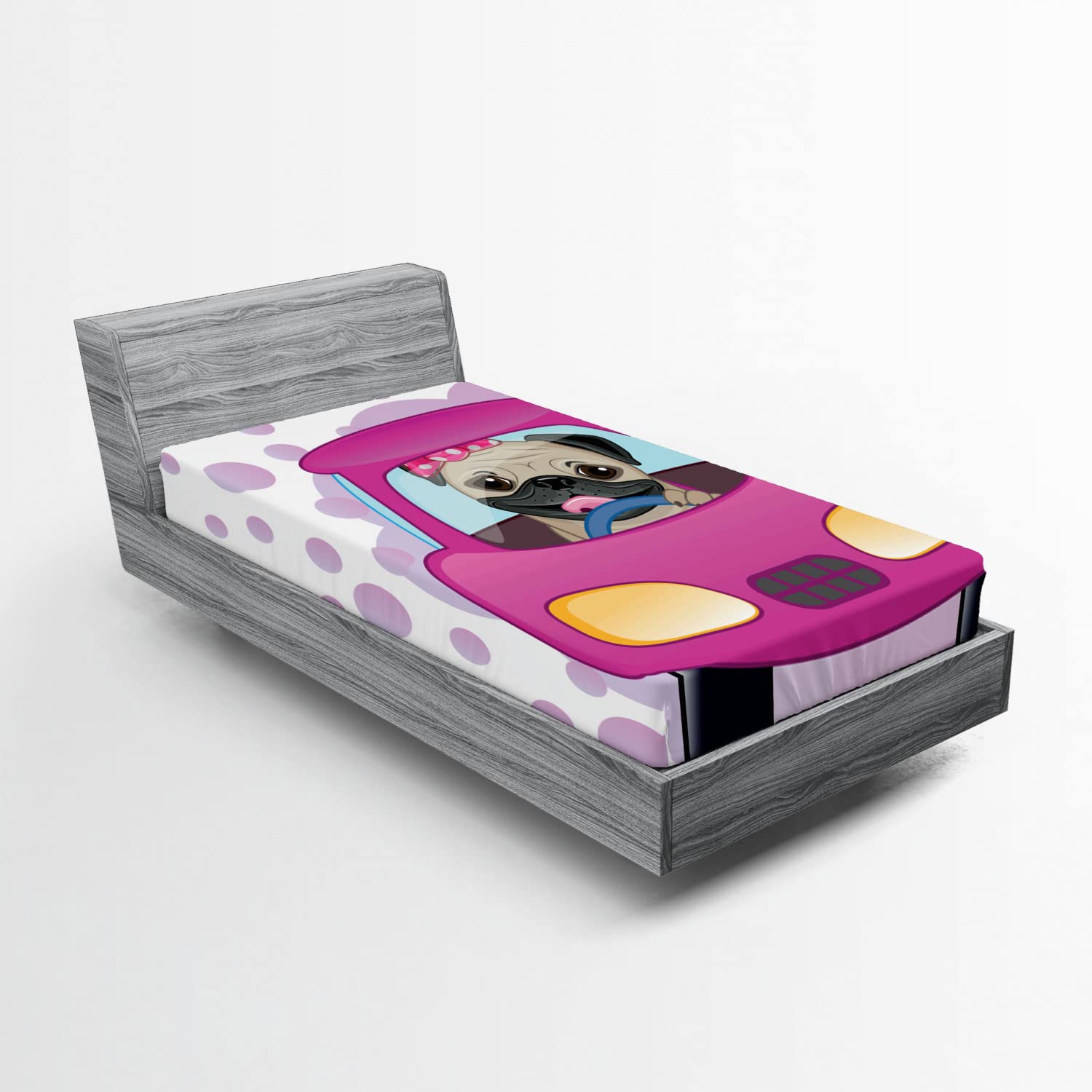Ambesonne Pug Fitted Sheet - Twin XL, Pink Yellow Dog Print for Bedroom Decor
