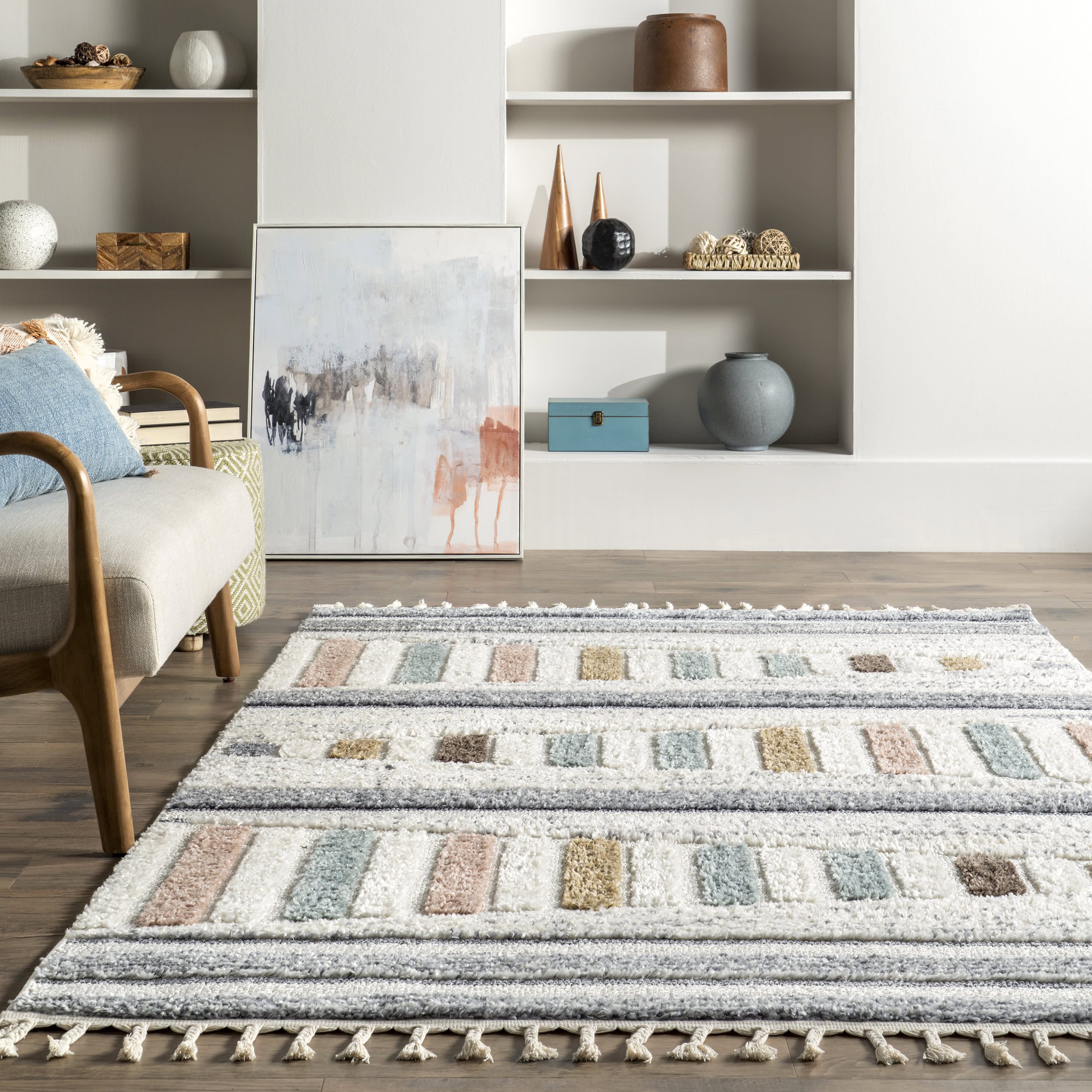 Cordelia Striped Bars Kids Rug - Soft Beige Playroom Carpet for Children's Bedroom & Nursery | Safe & Non-Slip Floor Mat for Toddlers