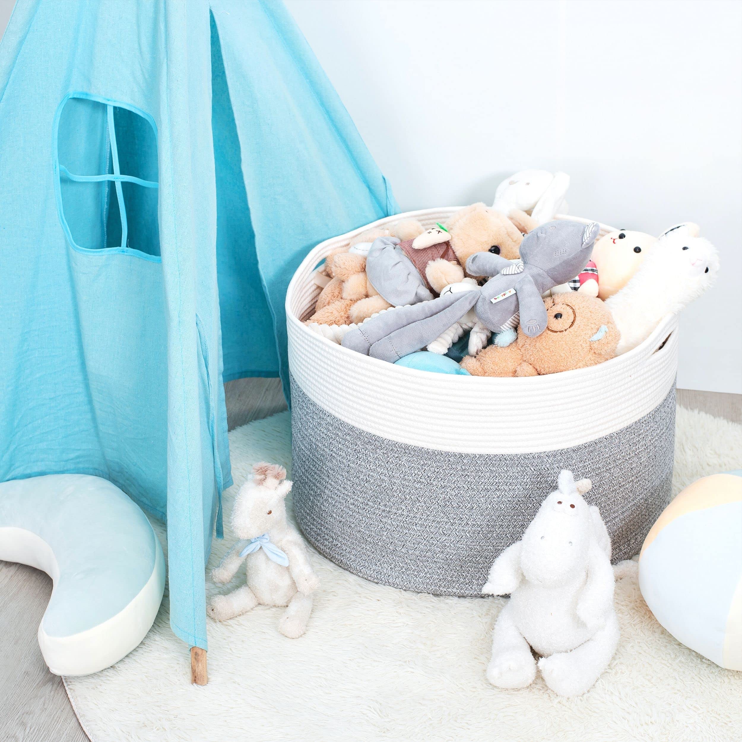 MINTWOOD Extra Large 22x14 Inch Woven Cotton Rope Storage Basket - Blanket Organizer, Laundry Hamper, Toy Bin for Living Room, Nursery & Bedroom - Light Grey Home Decor Storage Solution