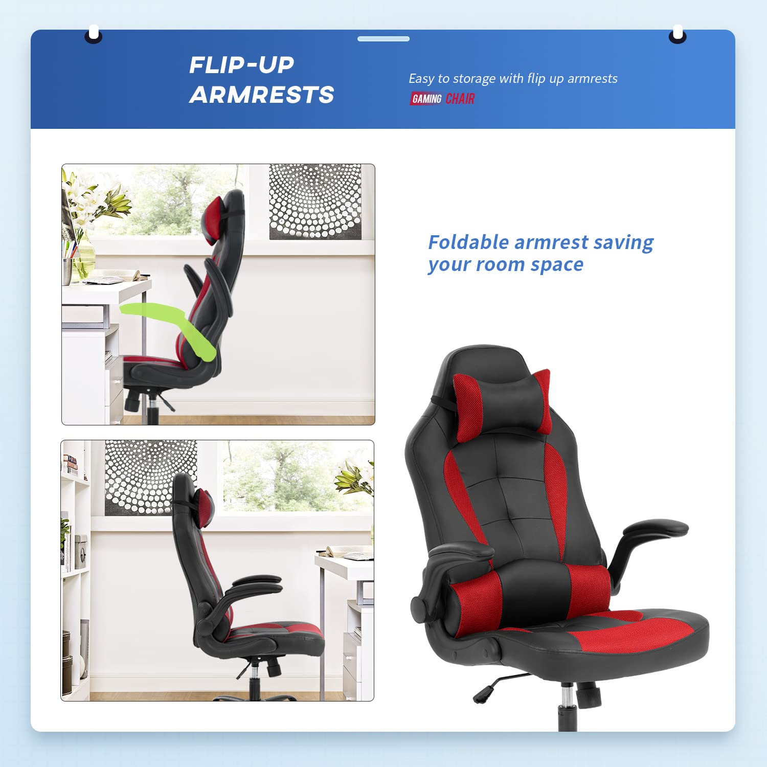 Ergonomic Gaming Chair for Adults - PU Leather Swivel Rolling Adjustable Video Game Chair with Lumbar Support, Flip-Up Arms & Headrest - Perfect for PC Gaming, Office Work & Streaming Setup (Men & Women)