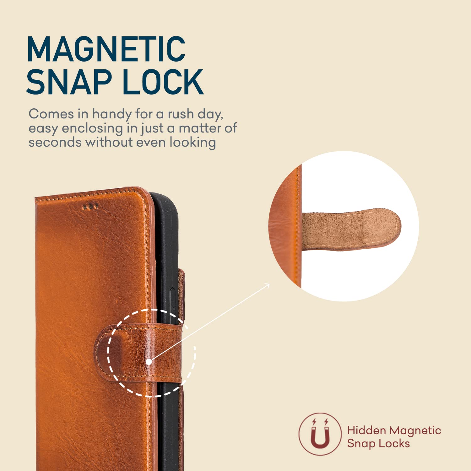 Bayelon iPhone 13 Leather Wallet Case - Premium Full Grain Leather Magnetic Detachable 2-in-1 Flip Cover with Card Slots & Kickstand | Compatible with Apple MagSafe (Rustic Tan) | Perfect for Business Travel, Daily Commute & Hands-Free Viewing