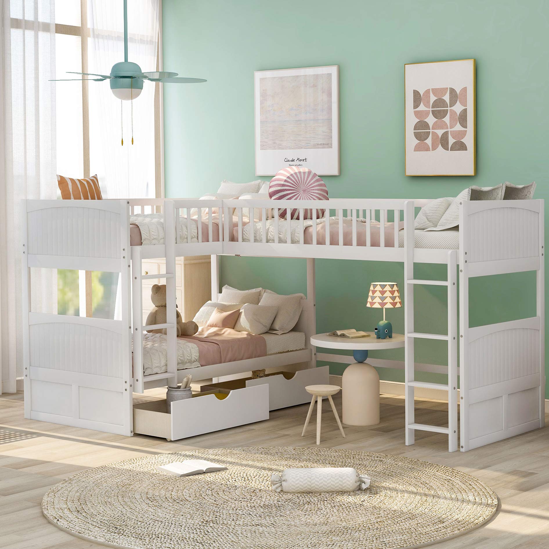 Harper & Bright Designs L-Shaped Triple Bunk Bed for Kids - Twin Over Twin Over Twin 3 Tier Bunk Bed with Storage Drawers, No Box Spring Required | Space Saving Kids Bedroom Furniture for Small Rooms, Sleepovers & Shared Bedrooms