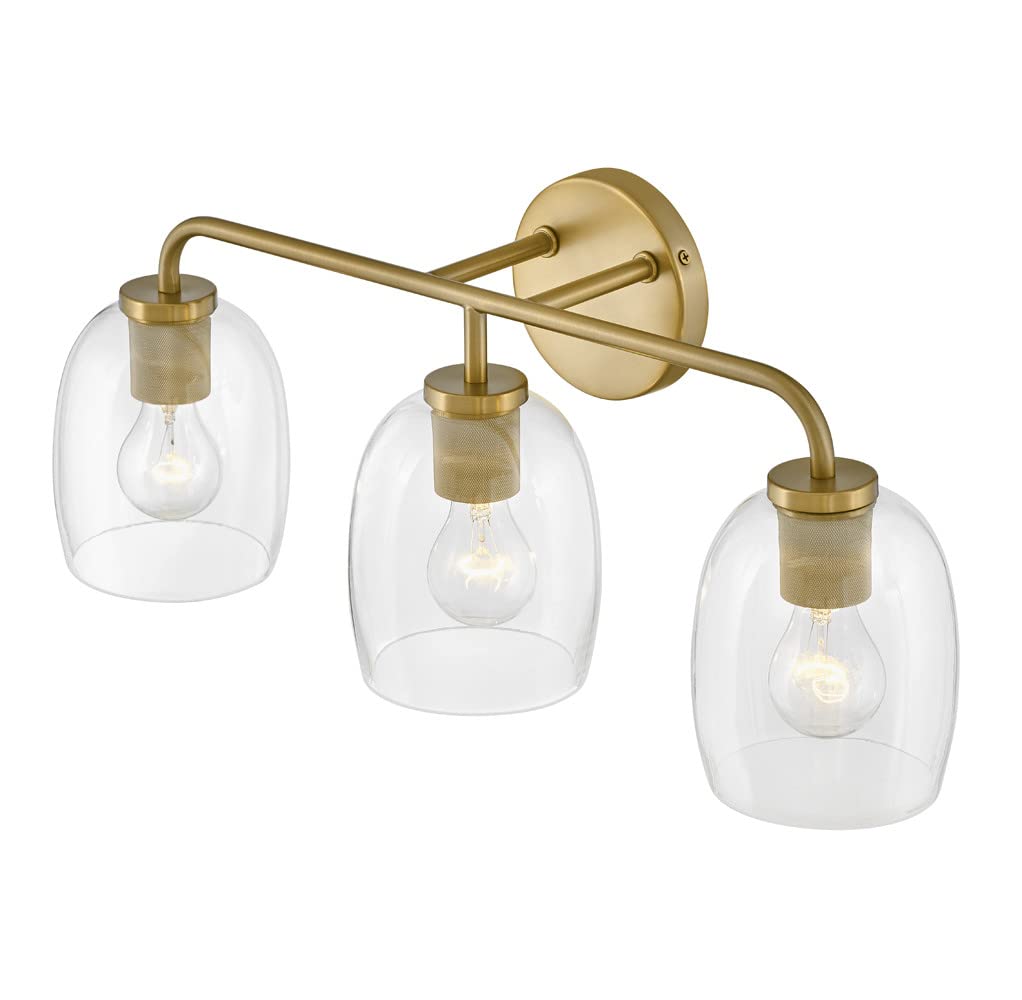 Lark Percy 85013LCB 3-Light Bathroom Vanity Light Fixture - Transitional Style, Bell-Shaped Clear Glass Shade, Up or Down Mount - Lacquered Brass Finish - Perfect for Bathroom, Powder Room & Dressing Area Lighting