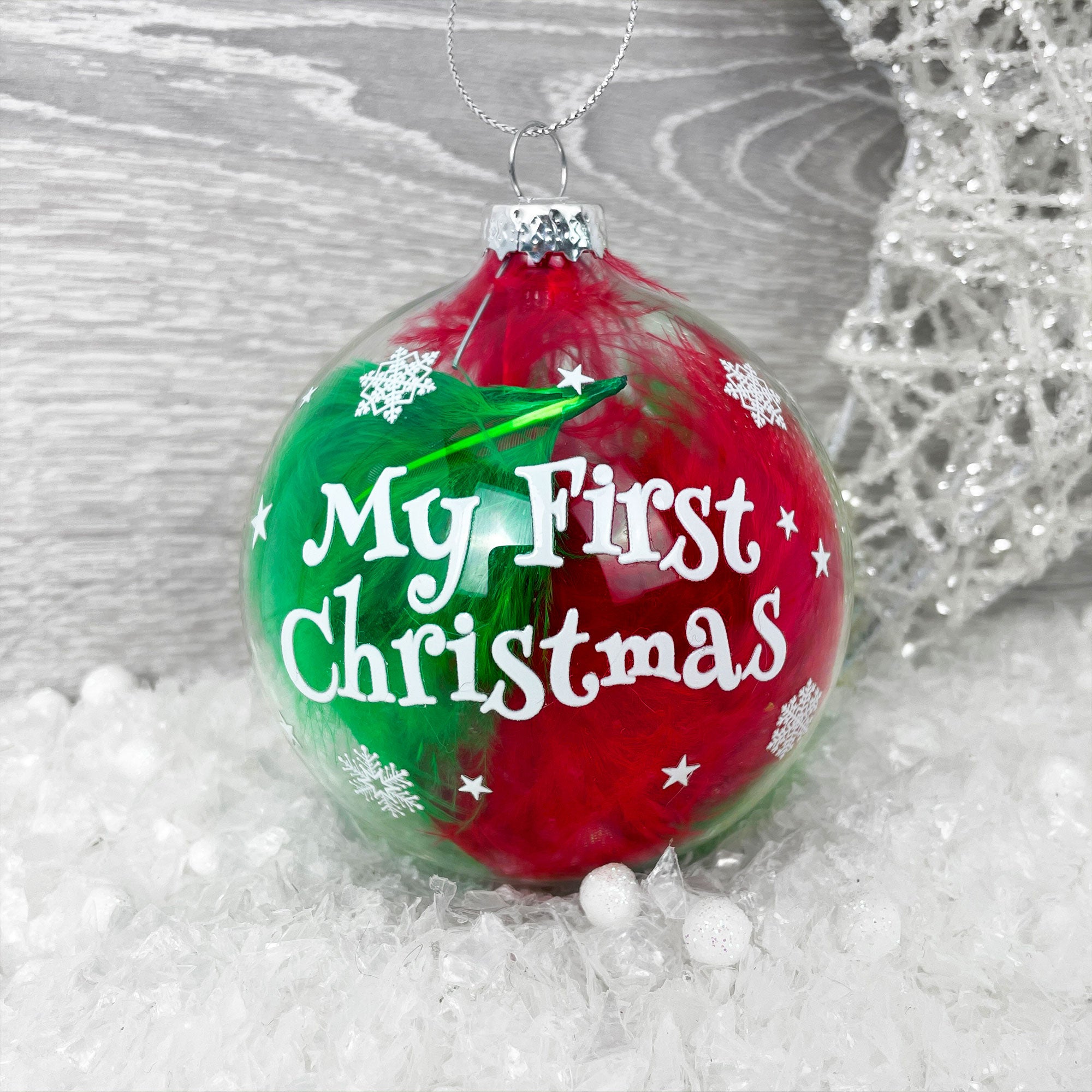 Personalized My First Christmas Ornament - Red and Green Feather Filled Glass Bauble for Tree Decorating, Gift Giving & Holiday Home Decoration