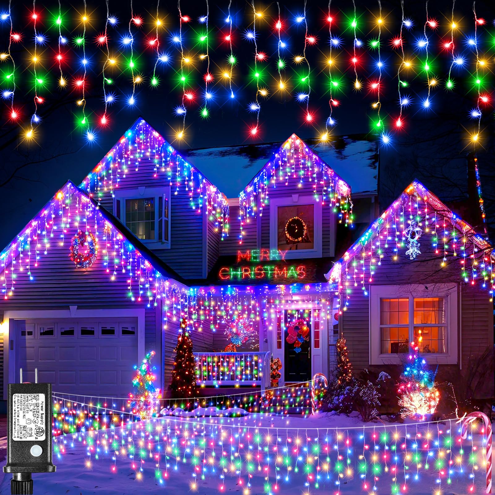 98FT 1216 LED Icicle Christmas Lights for Outdoor Decor - 228 Drops Waterproof Twinkle String Lights with 8 Lighting Modes | Perfect for House, Bedroom, Wedding & Holiday Decoration (Multicolor) - Create Festive Atmosphere for Christmas, New Year, Parties & Garden Lighting