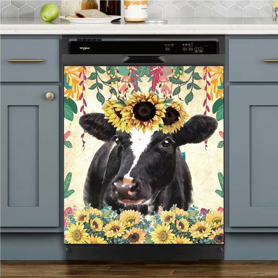 Stylish Cow & Flower Magnetic Dishwasher Cover Decal - 23