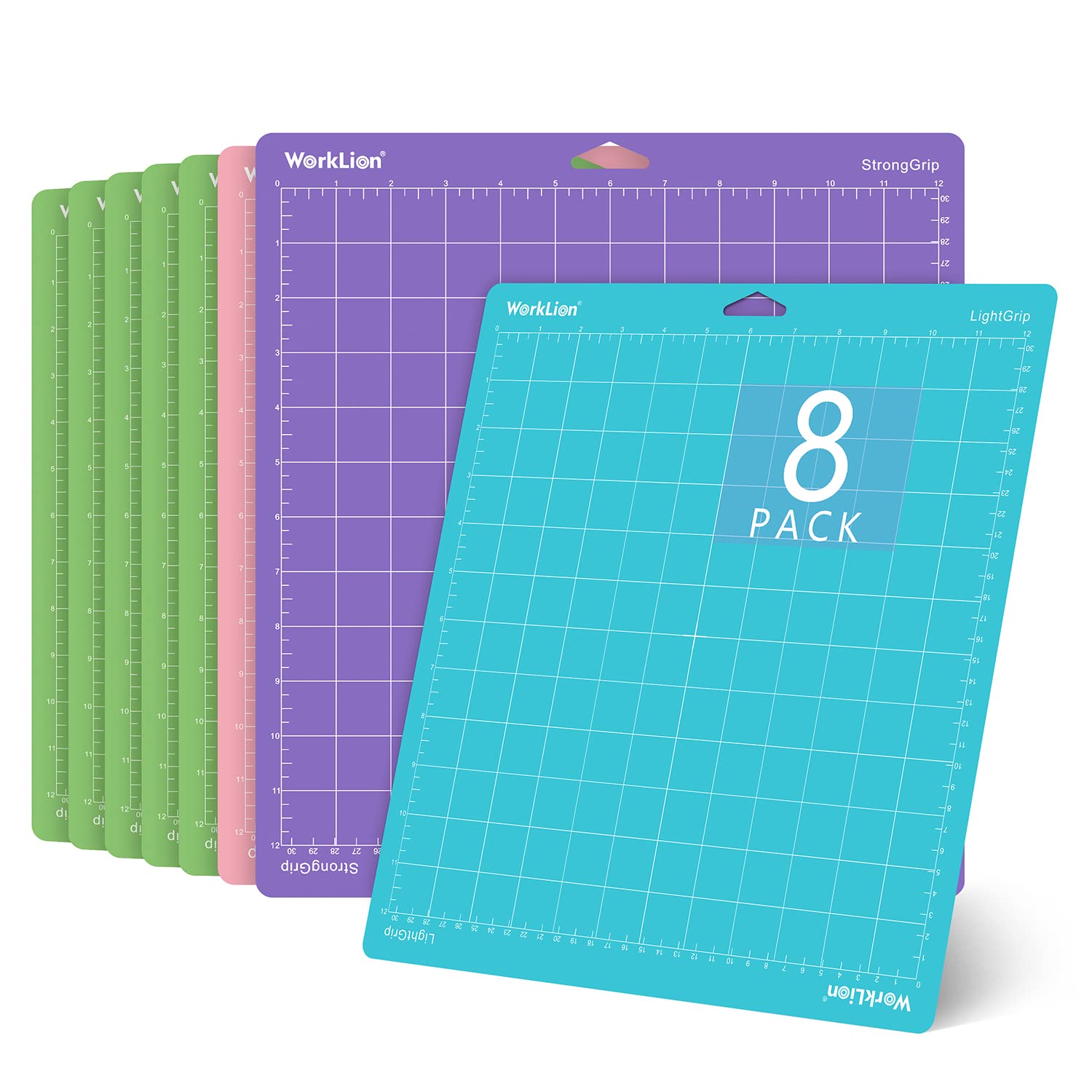 WORKLION 8-Pack 12x12 Adhesive Cutting Mats for Cricut Explore Air 2, Maker & Maker 3 - Includes 5 StandardGrip, 1 LightGrip, 1 StrongGrip & 1 FabricGrip Mats - Perfect for Scrapbooking, Vinyl Cutting & DIY Craft Projects
