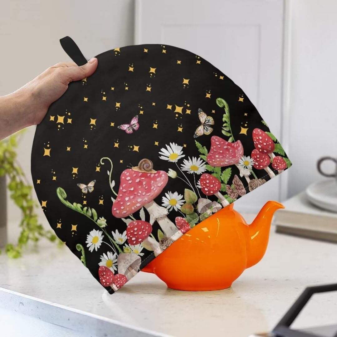 GOSTONG Insulated Tea Cozy for Teapot - Mushroom & Butterfly Design, Foldable & Warm Keeping Teapot Cover - Perfect for Afternoon Tea, Tea Parties & Home Decor
