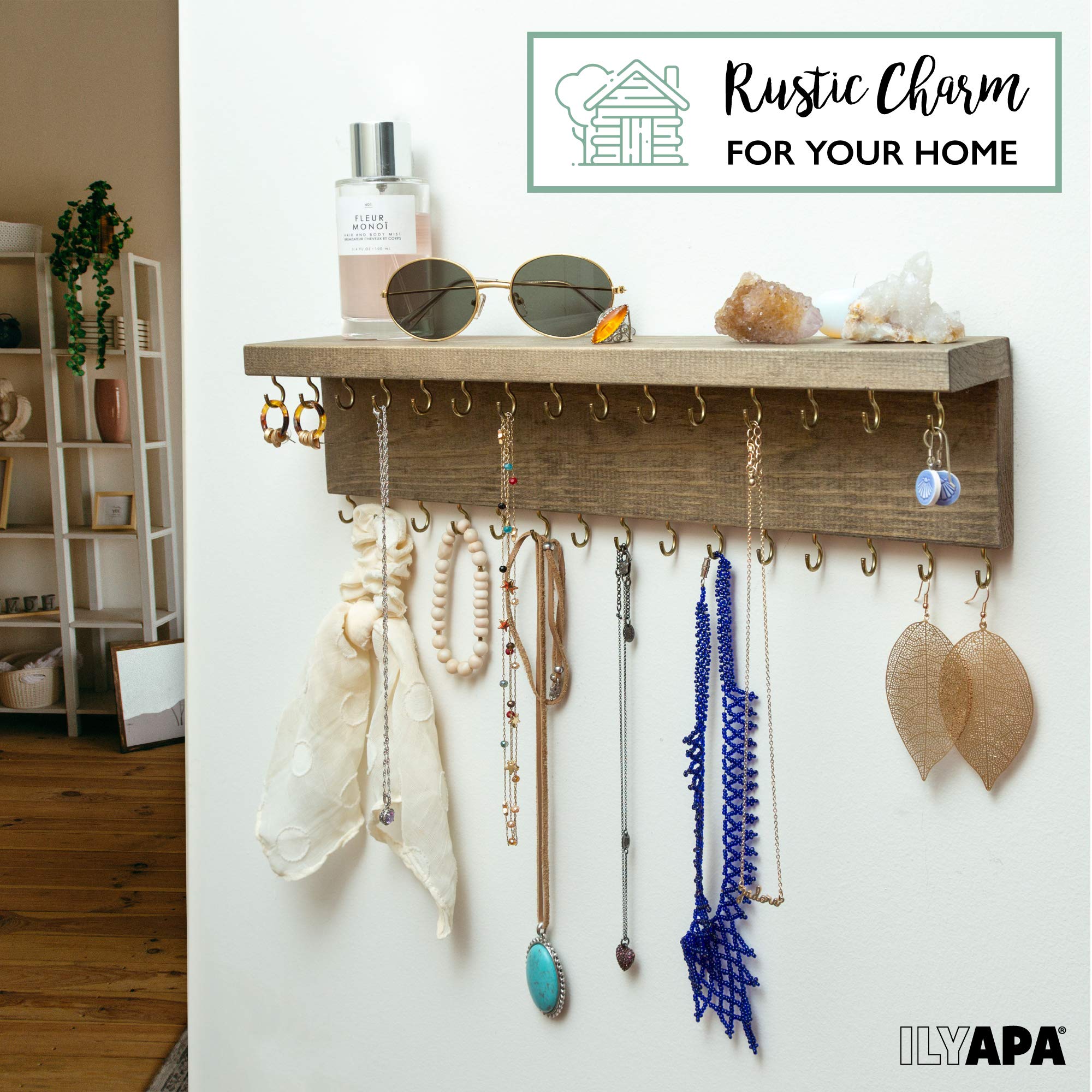 Rustic Wall Mounted Jewelry Organizer Shelf - Brown Wooden Hanger for Necklaces, Earrings & Bracelets with Hooks | Perfect for Bedroom, Bathroom & Closet Organization
