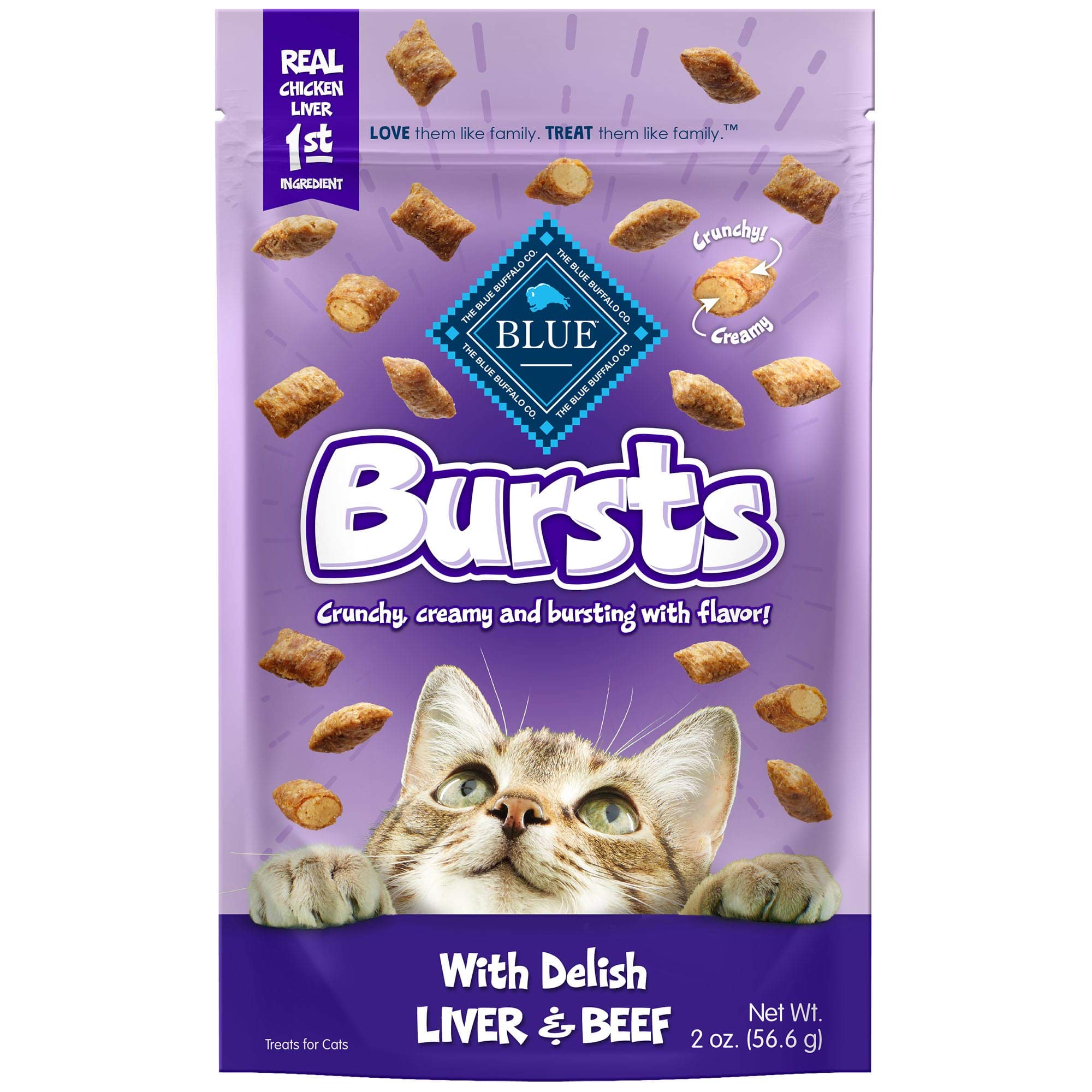 Blue Buffalo Bursts Crunchy Cat Treats - Chicken Liver & Beef Flavor (6 Pack, 2-oz Bags) | High-Protein Snacks for Indoor & Outdoor Cats | Perfect for Training, Rewards & Bonding Time